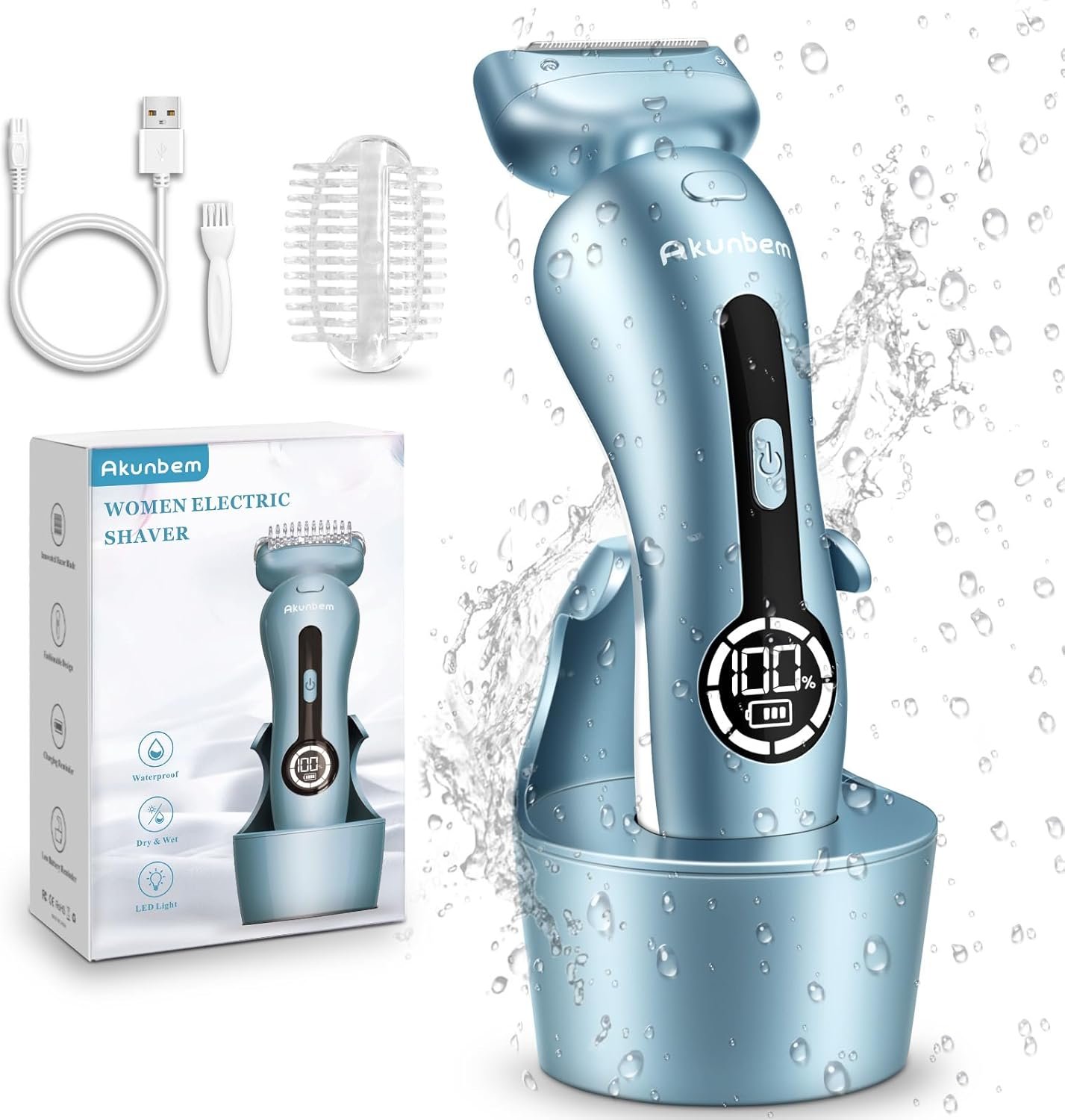 Electric Razors for Women for Legs Bikini Trimmer Electric Shaver for Women Underarm Public Hairs Rechargeable Womens Shaver Wet Dry Use Painless Cordless with Detachable Head (Blue)