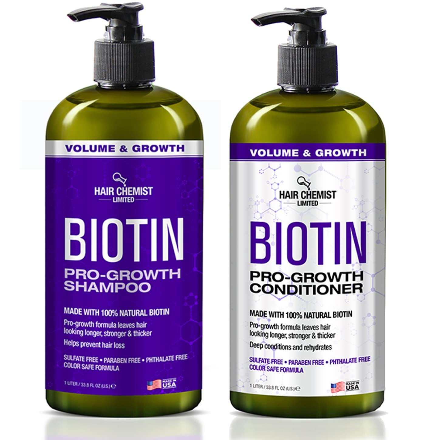 Hair Chemist Pro-Growth Shampoo & Conditioner Set with Biotin – Includes 33.8oz Shampoo & 33.8oz Conditioner
