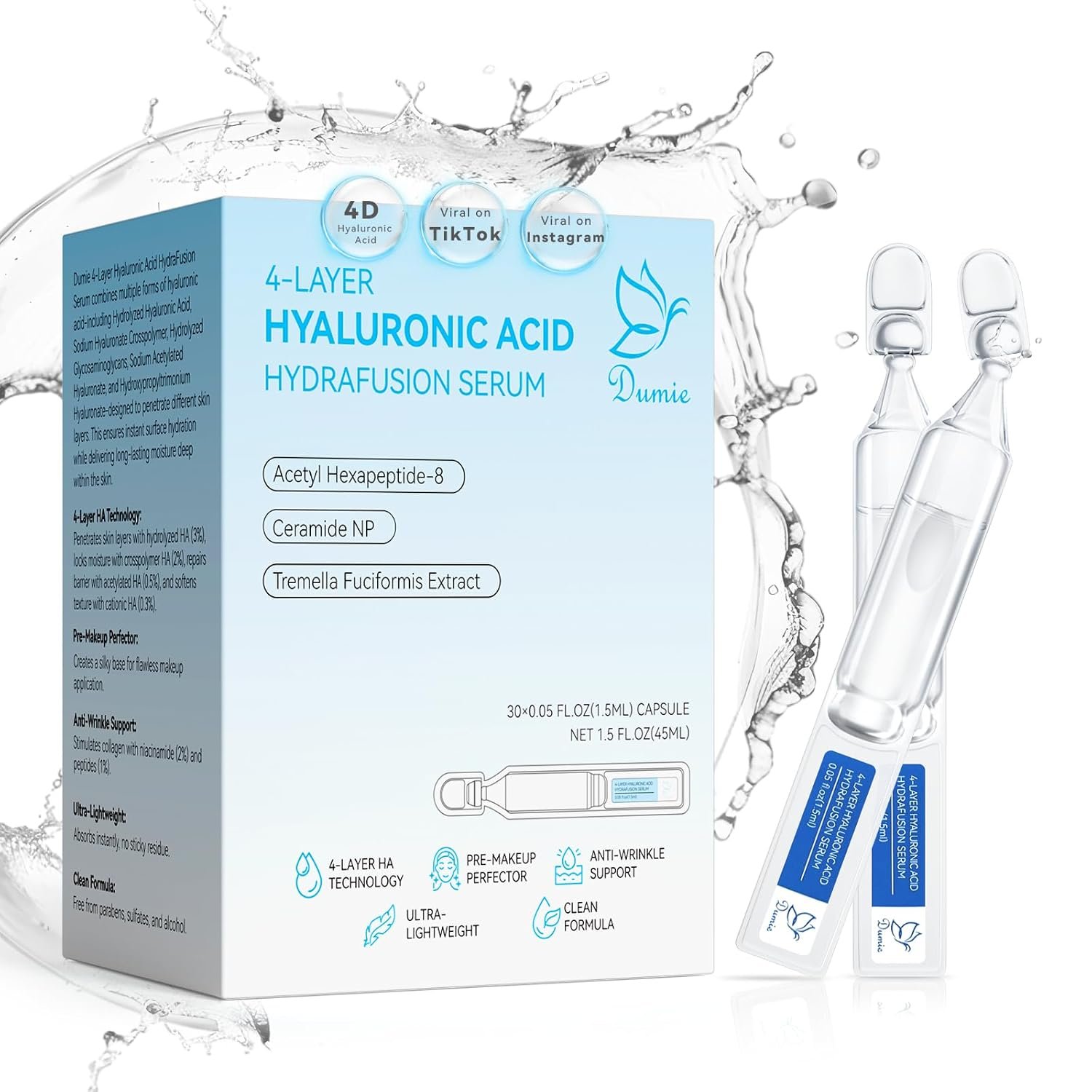3% Hyaluronic Acid Serum for Face, Anti-Aging Hydrating Serum with 20,000 ppm Ceramide NP & 10,000ppm Acetyl Hexapeptide-8, Korean Skincare ultra hydrating serum, turm Skin/Sensitive Skin(1.5 ml*30)