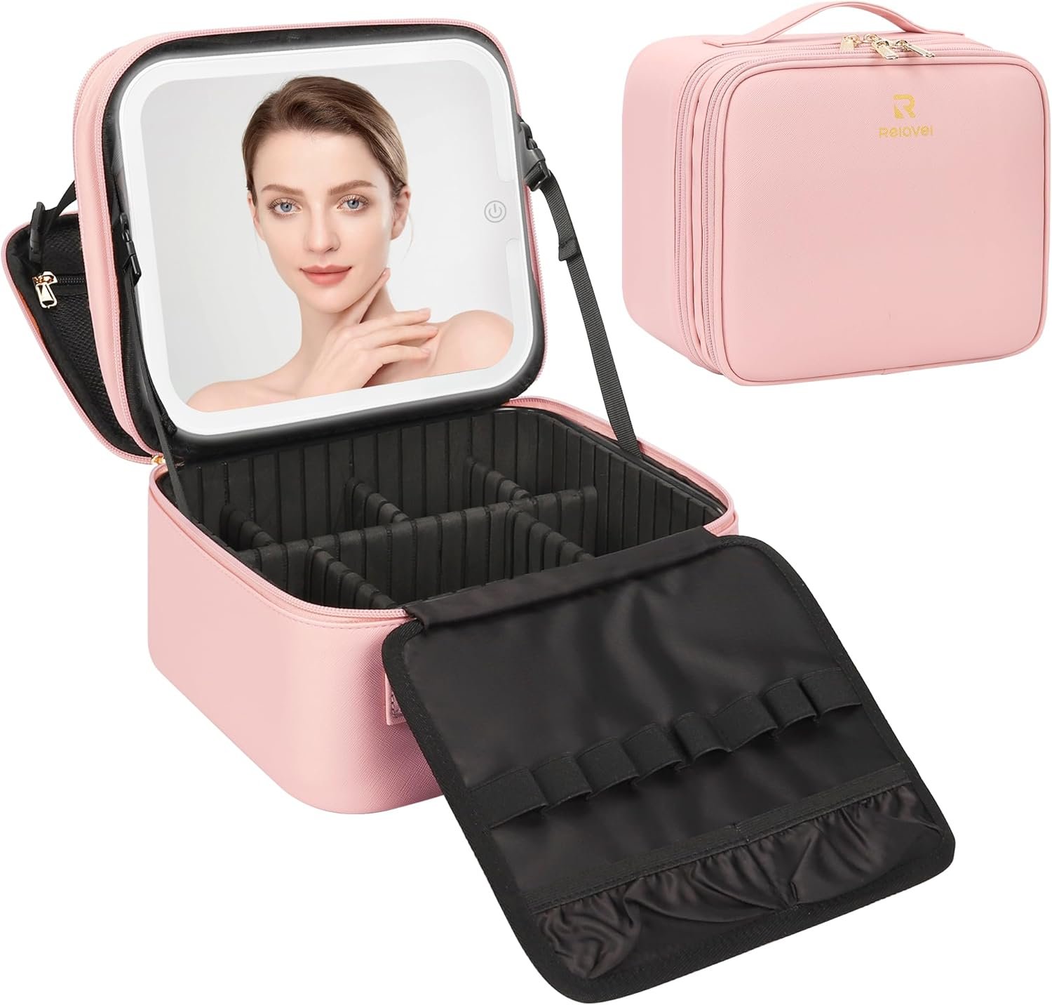 Relavel Makeup Bag with LED Mirror, Small Travel Makeup Case with Rechargeable Lighted Mirror 3 Color Lights, Double Layer Cosmetic Box Makeup Brush Lipstick Holder Organizer for Women, Pink