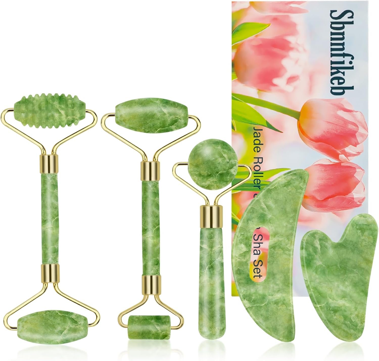5Pcs Jade Roller & Gua Sha Facial Tool Set, Natural XiuYan Stone Face Roller and Gua Sha Board Kit, Portable Manual Skincare Massage Tools for Full Body Relax, Self-Care Gift for Women