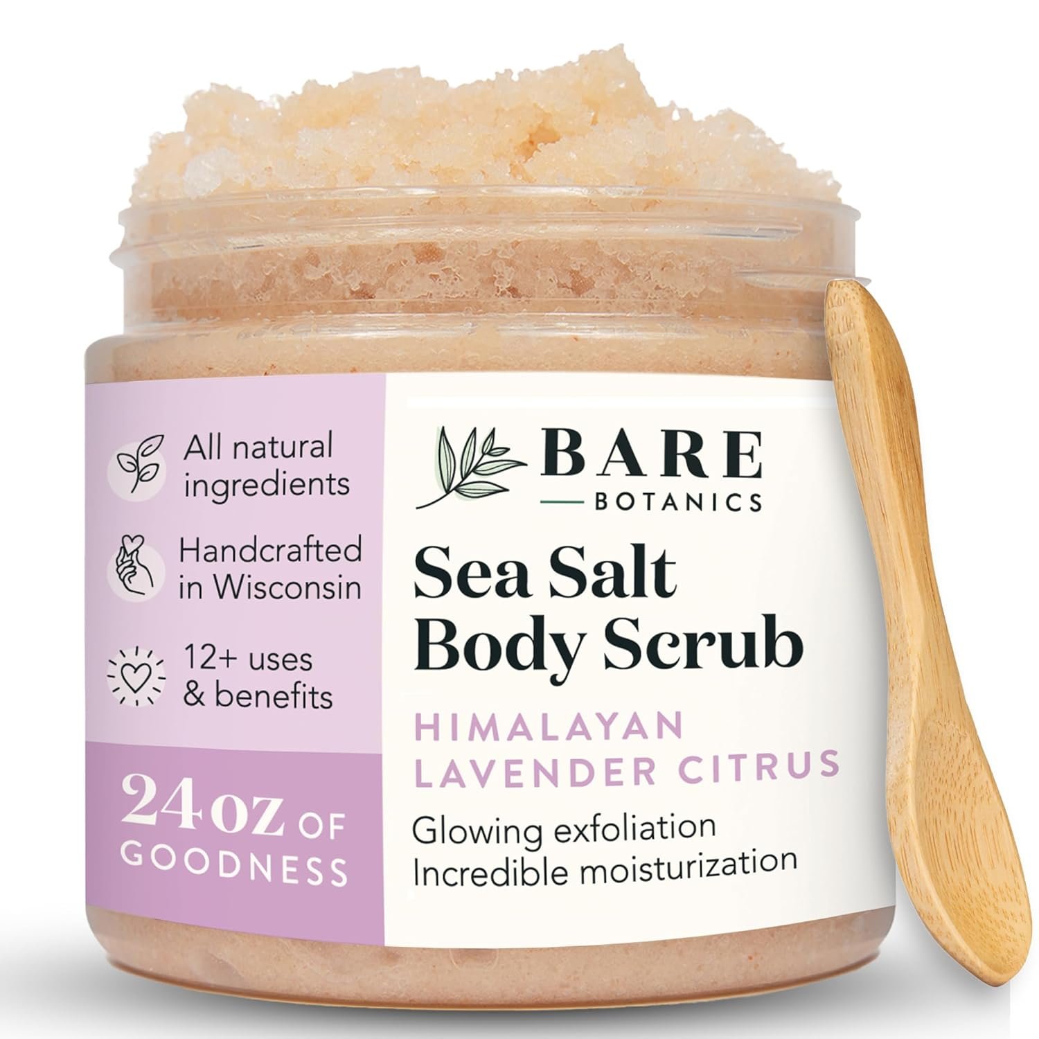 Bare Botanics 24oz Lavender Citrus Himalayan Sea Salt Body Scrub | Non-toxic, Vegan & Cruelty-free | Made in Madison, WI | Full Body Exfoliator & Hydrating Moisturizer with a Cute Wooden Spoon