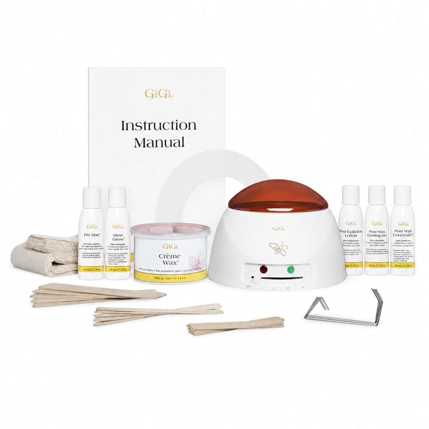 Gigi Eyebrow Waxing Kit for Women, Face and Body Hair Removal Starter Set with Mini Heater, 14 oz Honee Creme, Pre-Treatment Lotions, and Wax Muslin Strips