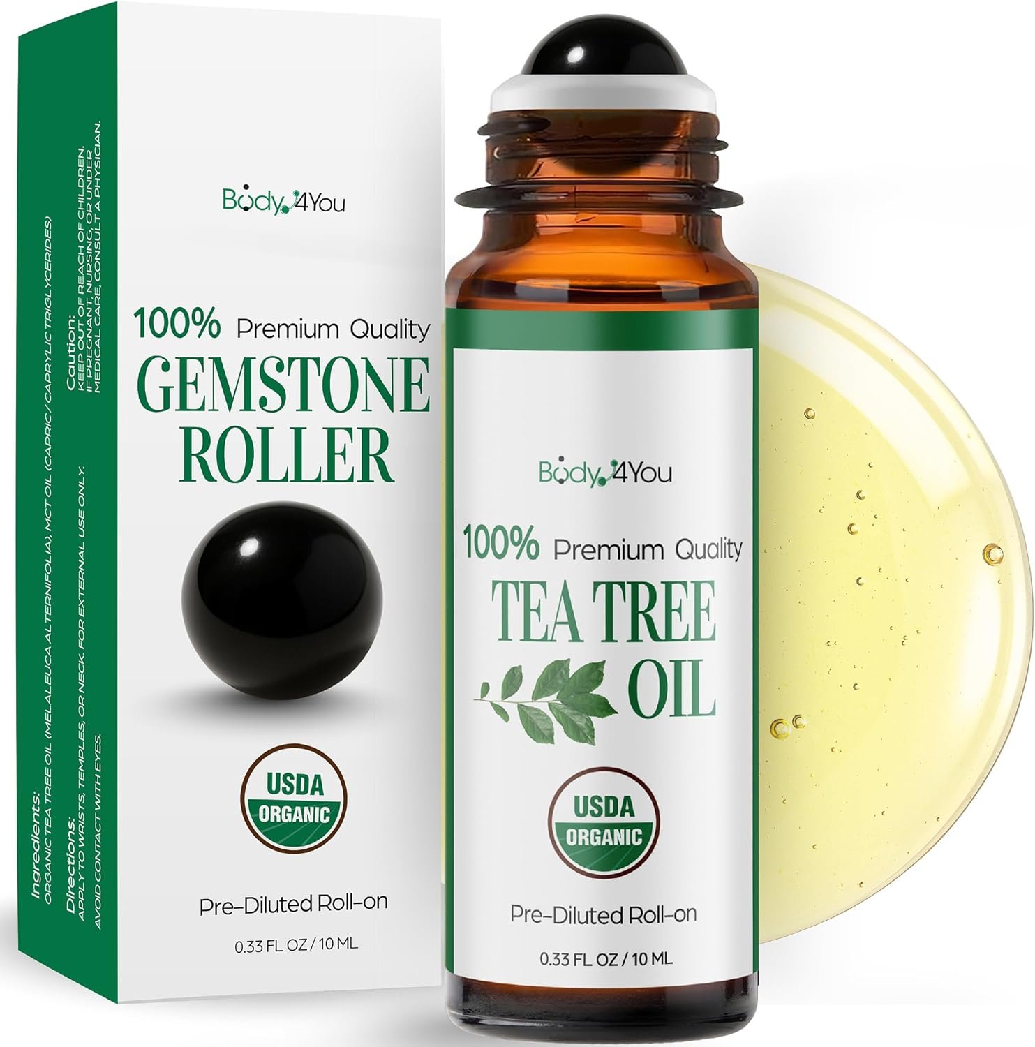 Tea Tree Essential Oil Roll On for Acne Blemish Clear Skin Care – 100% Pure USDA Organic MCT Coconut Oil – Face Body Nail Cuticle Purifying Fresh Skin Care Cleansing – Gemstone Roller 10ml Travel Size