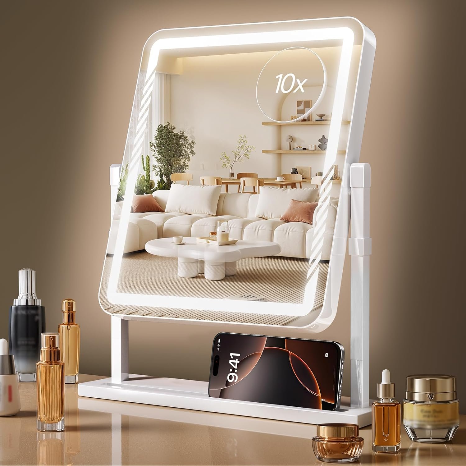 Makeup Mirror with Lights, Height-Adjustable & 360° Rotation, 1/10X Magnification, Three Color Lighting Modes, Vanity Mirror Smart Touch Control, Large Vanity Desk Mirror (17.5in,White)