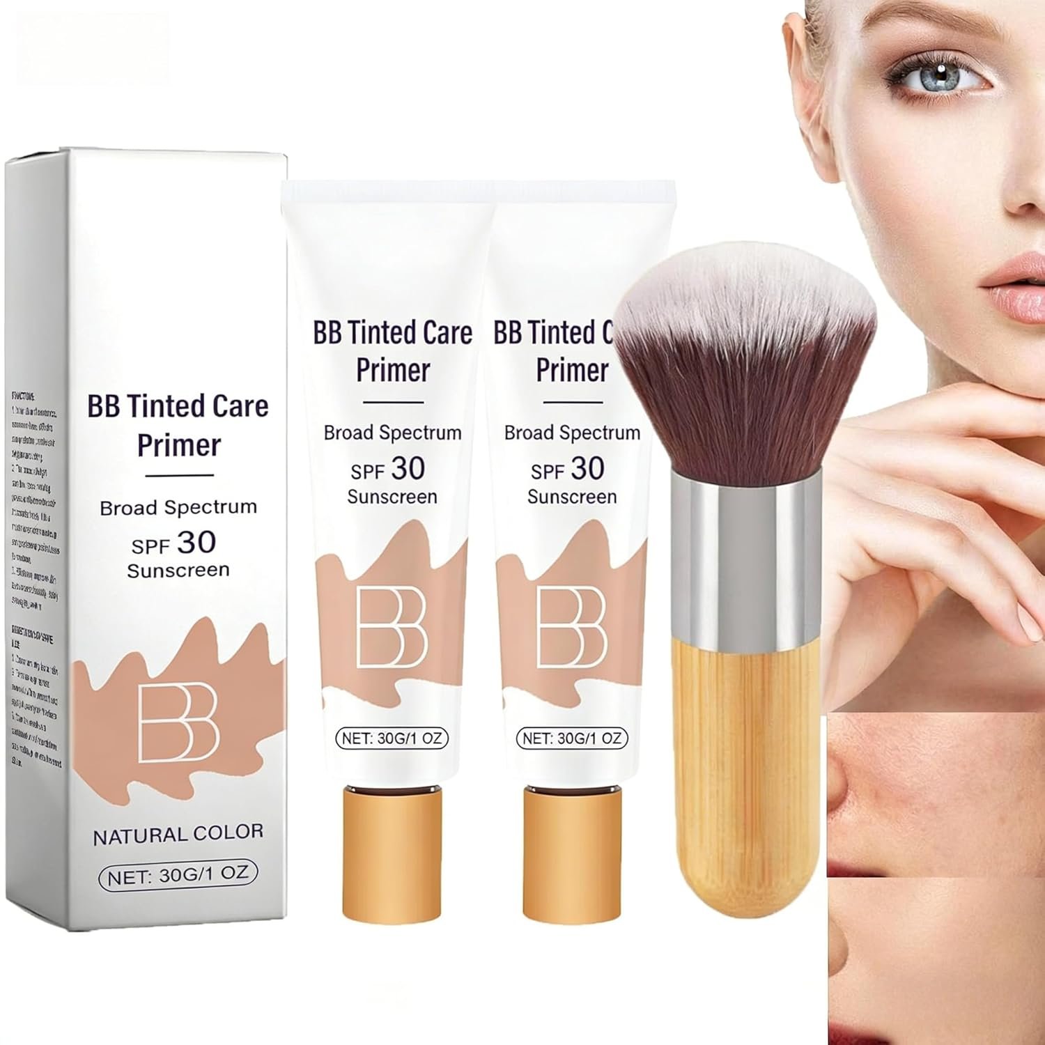 BB Tinted Care Primer with SPF 30, Full Coverage Concealer, Natural Color, Cream Formula, with Brush, 1 Oz, 2 Pack