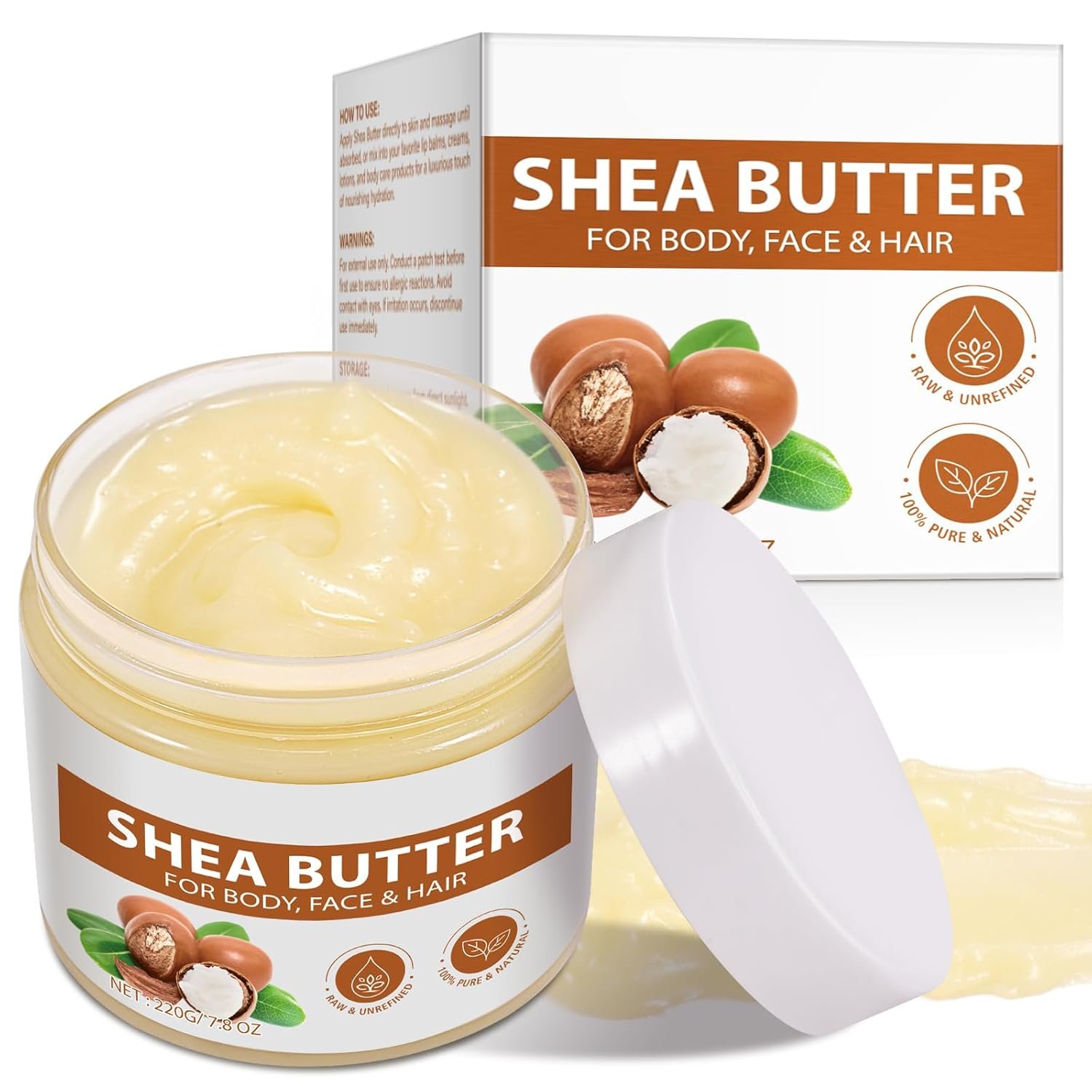 Pure Organic Shea Butter Raw, Unrefined Body & Face Butter – 100% Natural Vitamin A, E & F – Long-Lasting Hydration for Dry Skin, Hair Care, 7.8 oz