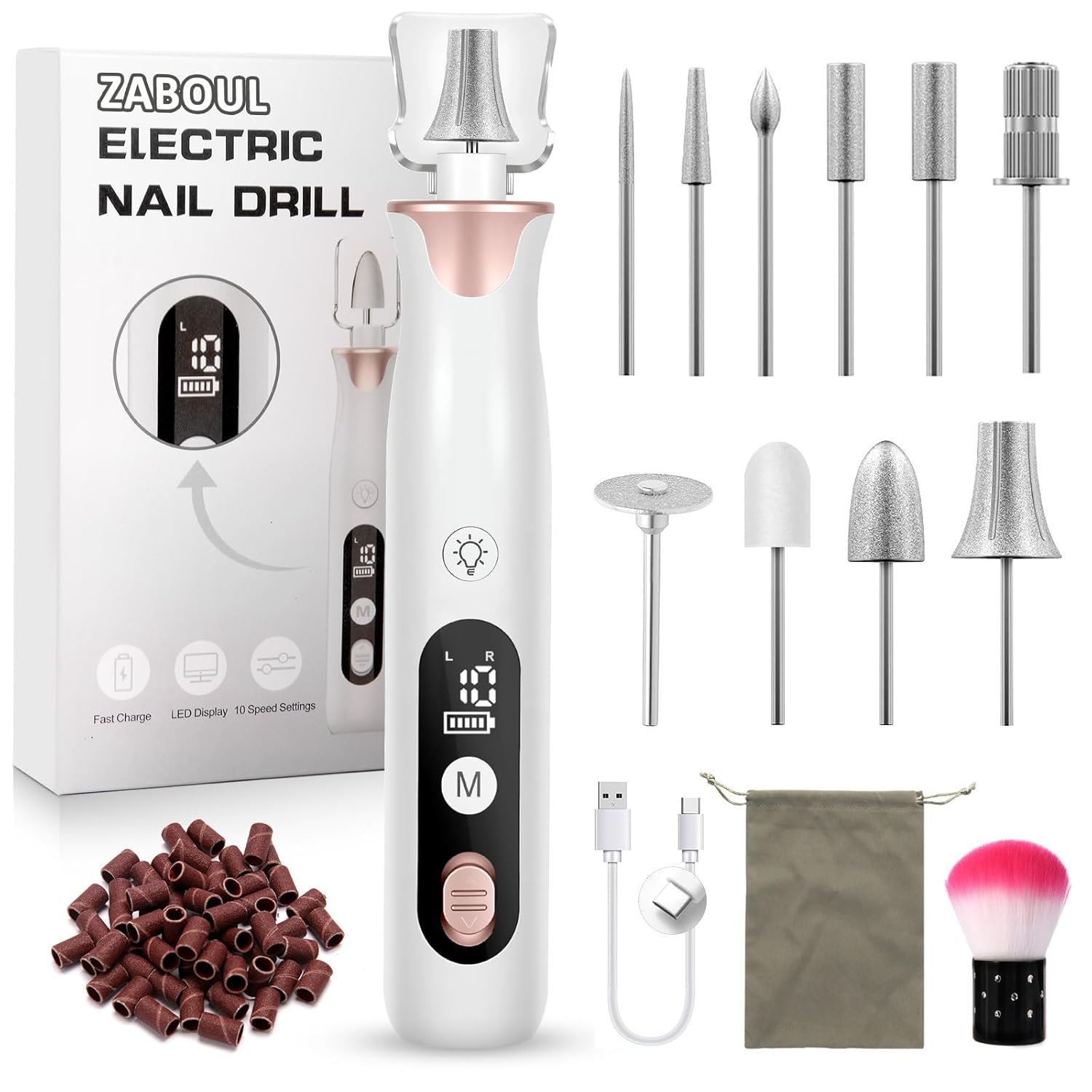 ZABOUL Electric Nail Drill Kit Cordless Professional Manicure Pedicure Nail File Buffer for Acrylic Nails Gel Polishing Removing Manicure Salon Home with Nail Drill Bits Sanding Bands