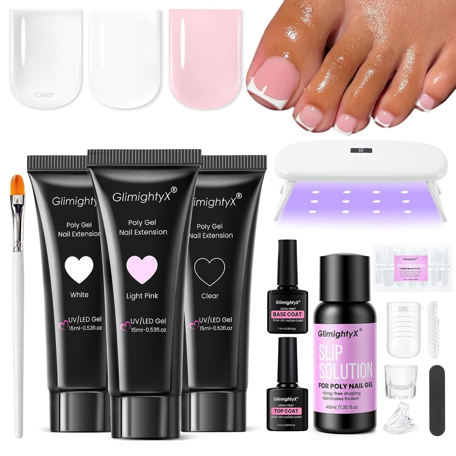 Poly Gel Nail Kit for Toes with UV Light,GlimightyX Polygel Toenail Starter Kit with Everything ,3 Color Clear White Pink Poly Gel 40ml Slip Solution,Toenail Dual Forms Extension DIY Salon Home