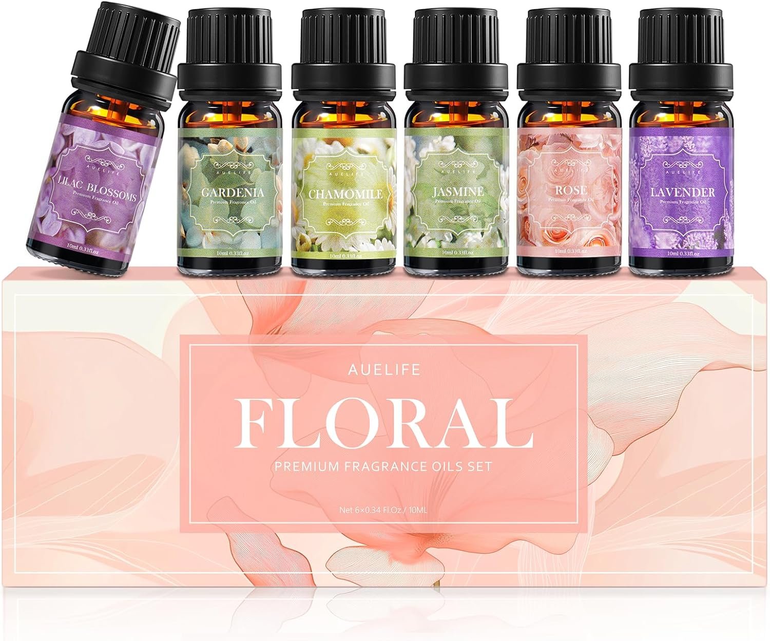 Auelife Floral Essential Oils Set – Mother’s Day & Birthsday Gift, 6x10ml Rose, Jasmine, Lavender, Gardenia Pure Fragrance Oils for Diffuser, Candle Making, DIY Bath Bomb, Romantic Home Aromatherapy
