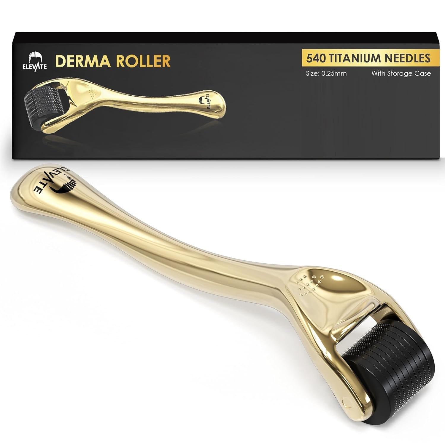 Elevate Derma Roller 0.25mm with 540 Titanium Microneedle Roller for Women & Men – Gold Roller for Face Skin Hair & Beard – Includes Storage Case