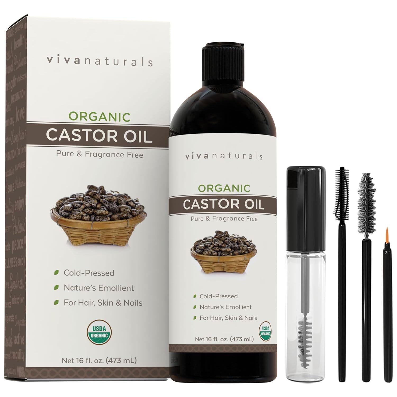 Viva Naturals Organic Castor Oil, Cold-Pressed, 16 fl oz – For Face, Hair, Eyelashes, USDA Organic, Non-GMO – With Beauty Kit