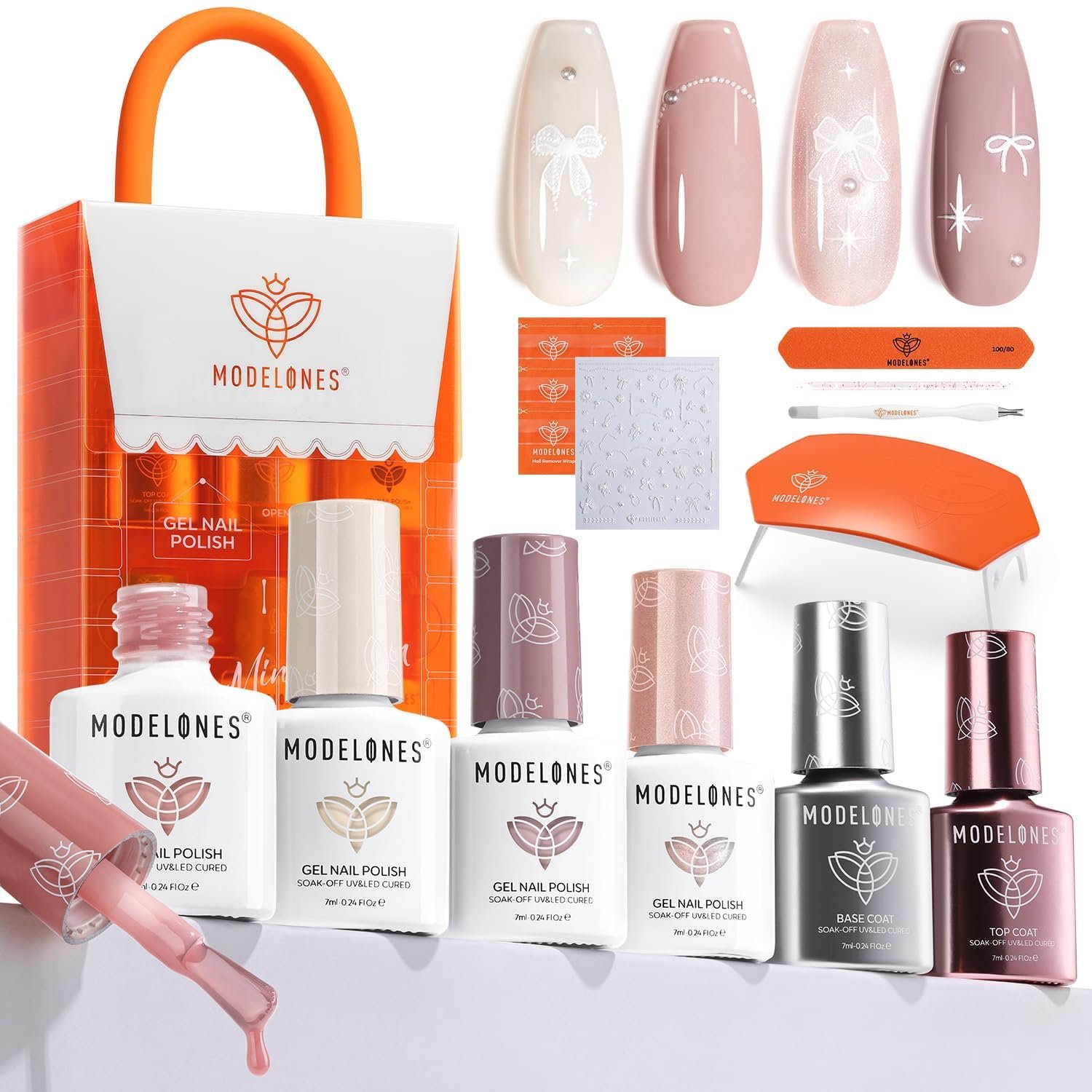 modelones Gel Nail Polish Kit with U V Light, 4 Colors Gel Mini Salon, Base&Top Coat and Stickers, Milky White Nude Pink Glitter Fall Manicure Set, DIY Home Nail Art Decoration Kit, Gift for Women