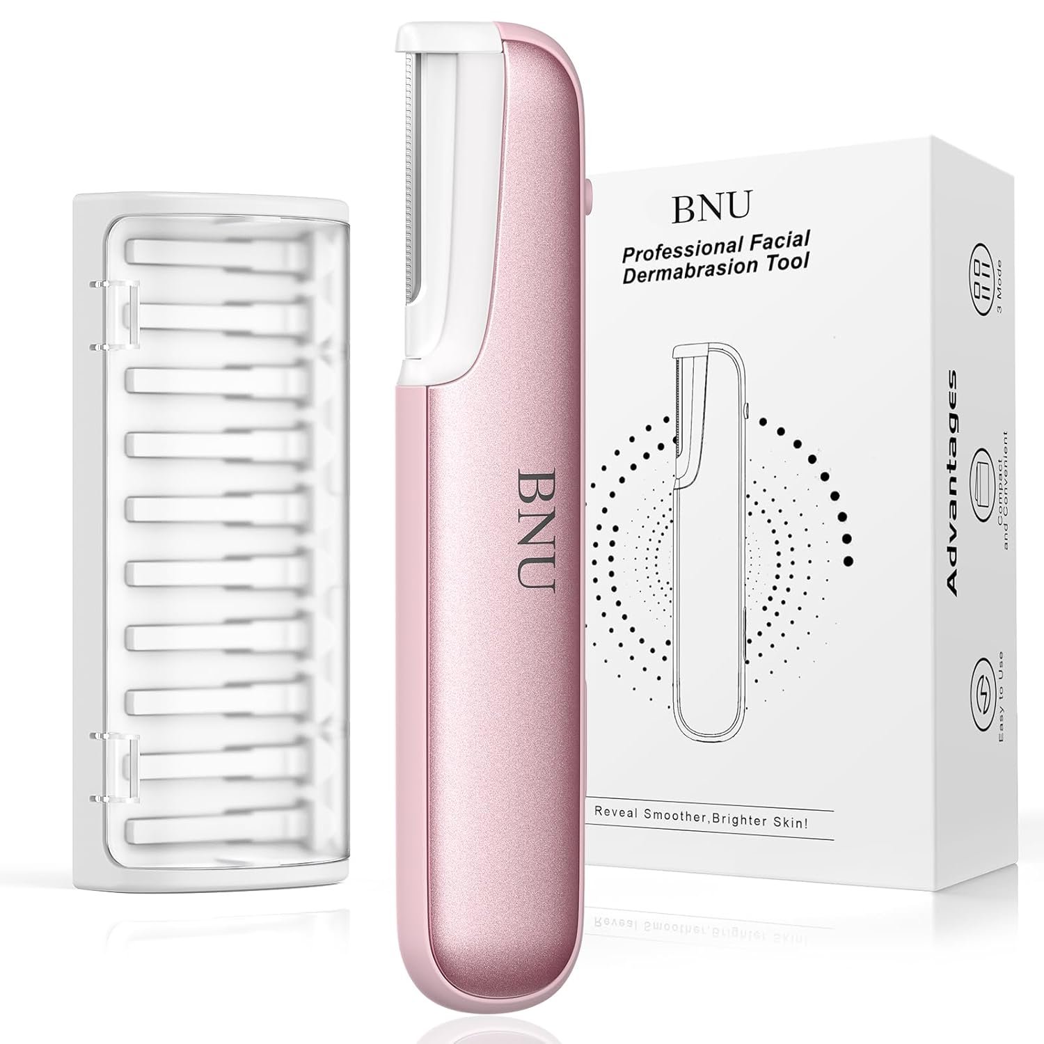 Dermaplane Razor for Women Face, BNU Facial Hair Remover for Anti-Aging, Rechargeable, LED Light, Sonic Edges, 3 Speeds, Ergonomic Handle Face Dermaplaning Tool 10 Blades Pink