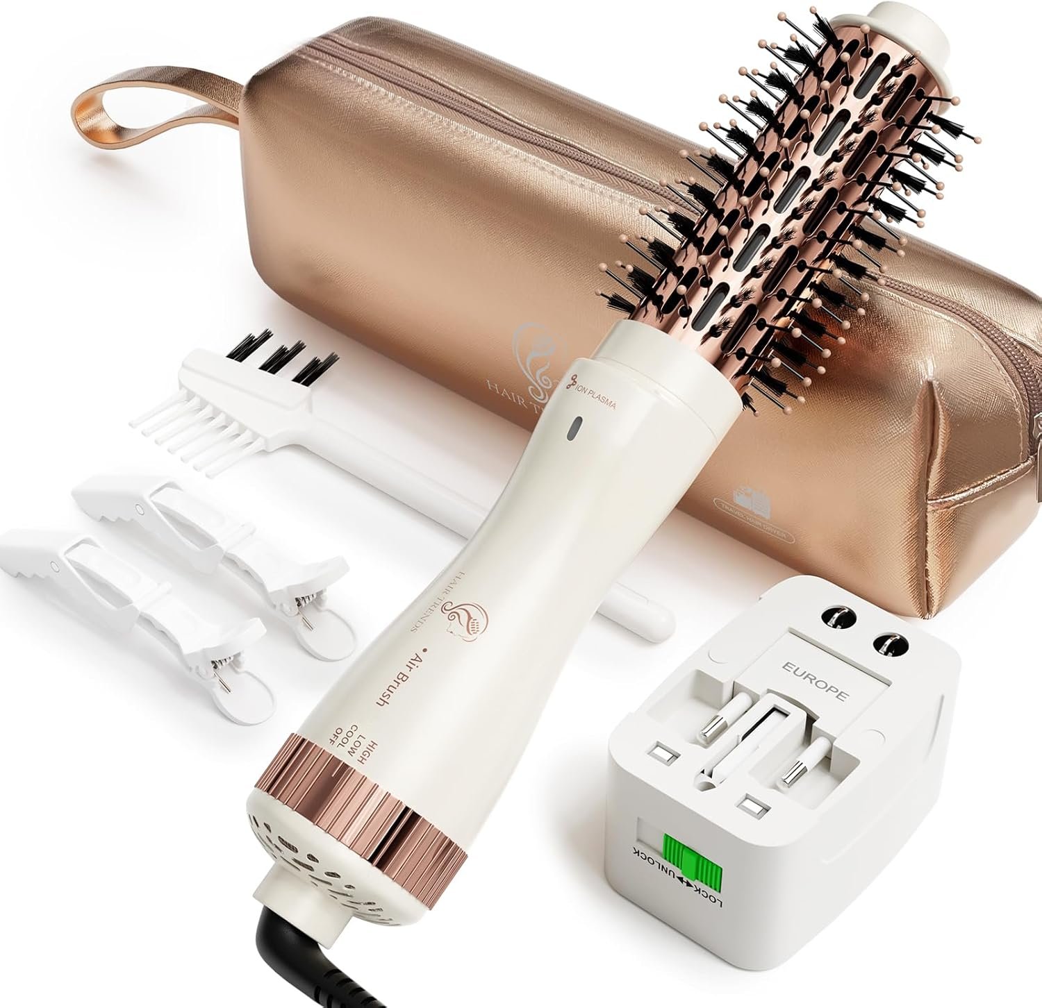 1.5 Inch Barrel (2.8” Plus Bristles) Dual Voltage(110~250V) Round Brush Blow Dryer for Should Length Hair, Hair Dryer Brush with European Plug Adapter, 4-in-1 Negative Ionic One Step Volumizer Dryer