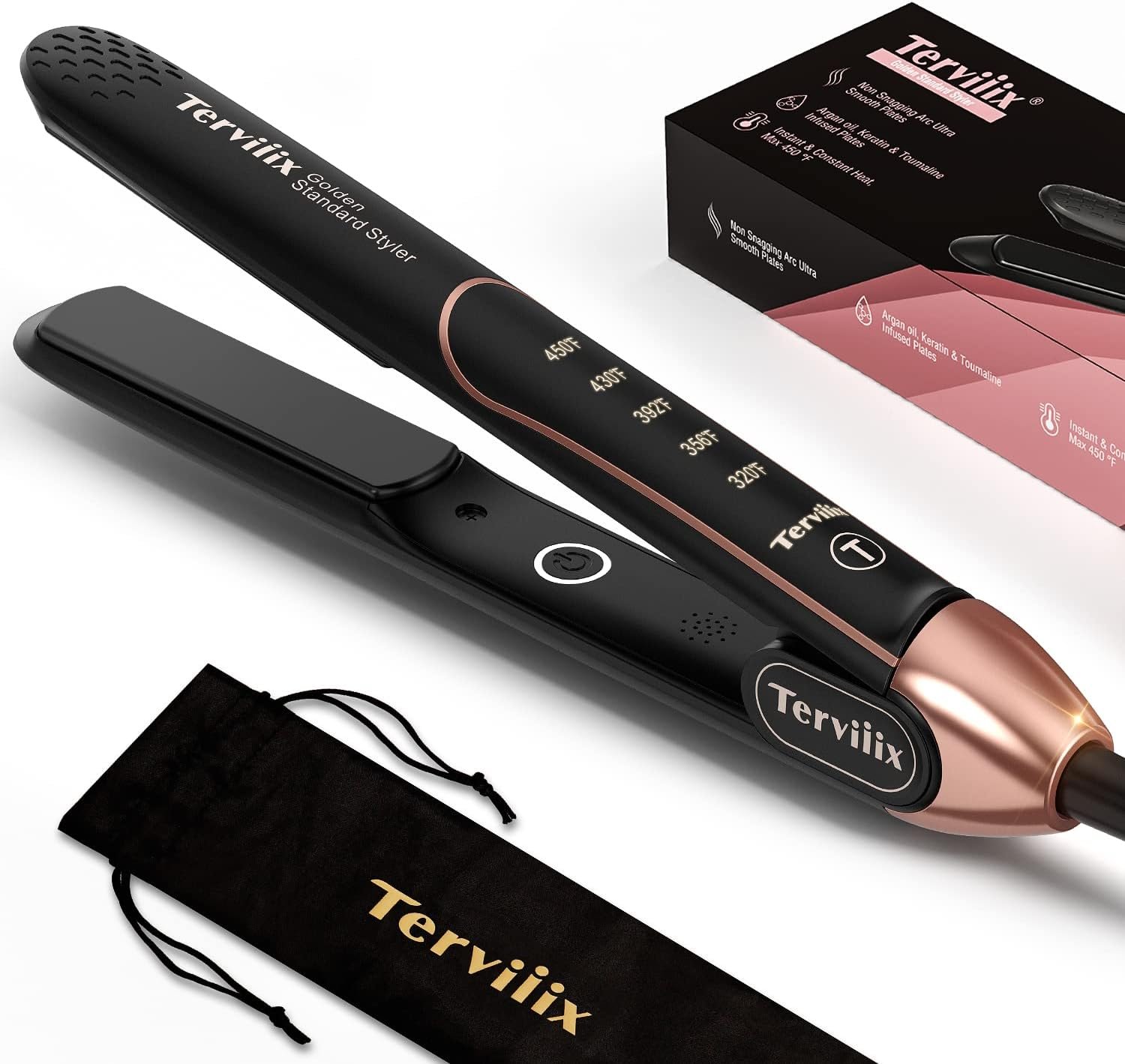 Terviiix Non-Snagging Ceramic Flat Iron Hair Straightener 1 inch, Plancha De Cabello,3X Less Damage Hair Straightener and Curler, 15s Fast Heating, 5 Adjustable Heats, Max 450°F