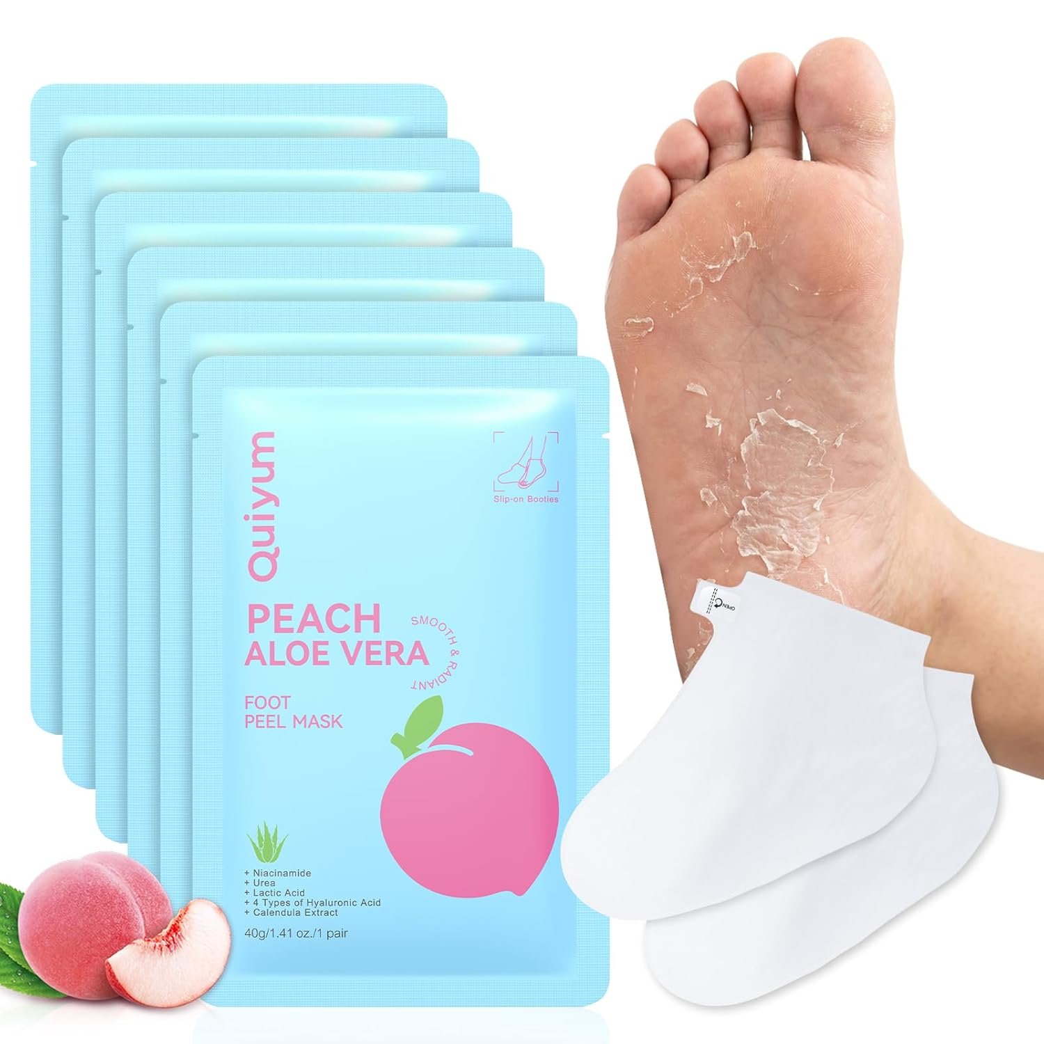 QUIYUM Peach & Aloe Vera Exfoliating Foot Mask, Foot Peeling Mask with Lactic Acid & Urea, Niacinamide & Hyaluronic Acid, for Dry Cracked Feet, Smooth, Glow, Soften, 6 Pairs, Stocking Stuffers