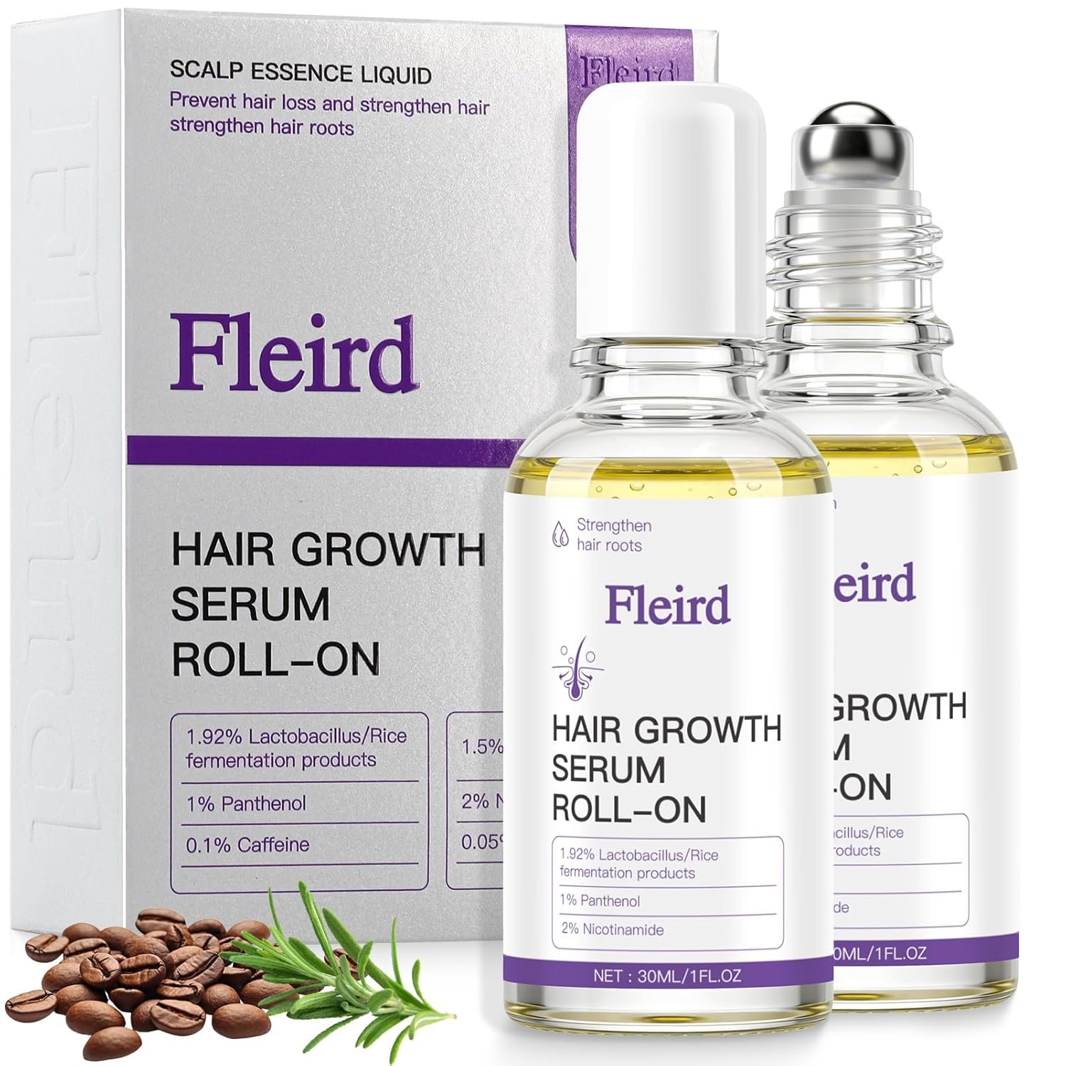 Rosemary Hair Growth Serum Roll-On | Rosemary Oil, Biotin, Anagain, Caffeine, Niacinamide | Fleird™ X7 Technology – Thinning Hair & Hair Fall – Thicker, Fuller Hair for Women & Men,1 Fl Oz (Pack of 2)