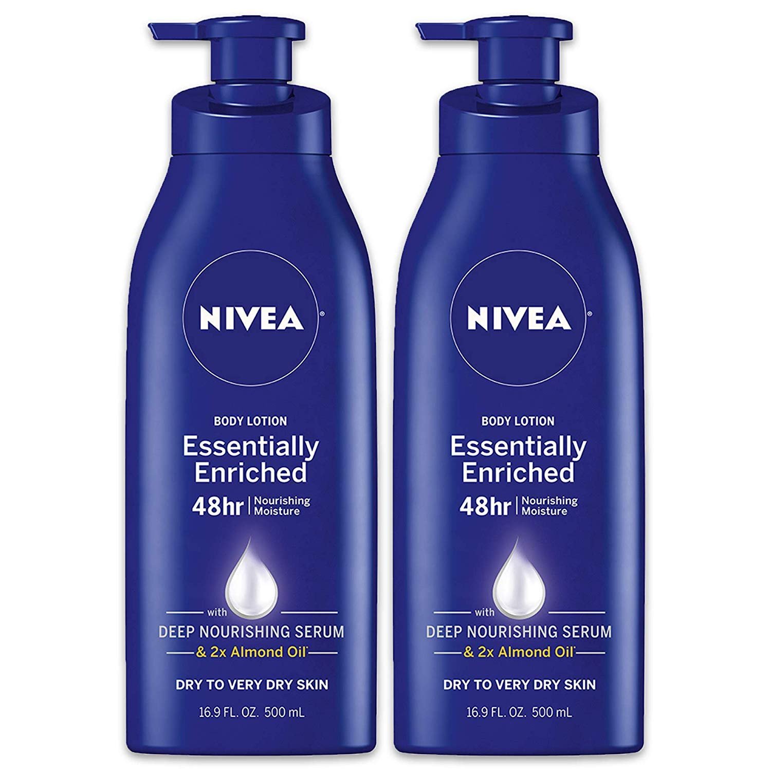 NIVEA Essentially Enriched Body Lotion for Very Dry Skin with Hyaluronic Acid, Almond Oil and Deep Nourishing Serum, 72-Hour Body Moisturizer, 16.9 Fl Oz Pump Bottle, Pack of 2