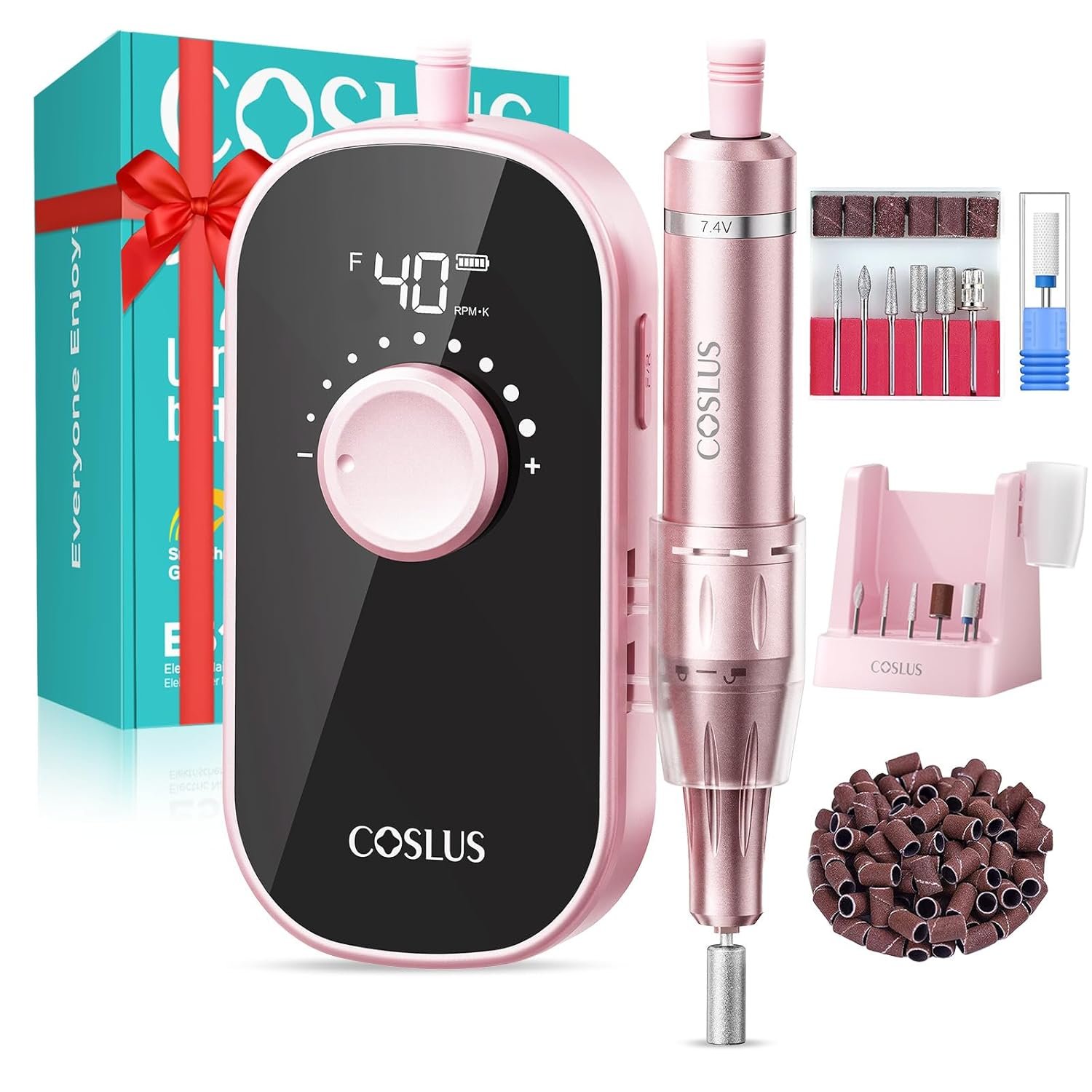 COSLUS E51 Electric Nail Drill Professional: Rechargeable Nail File with Stand for All Manicure Shaping & Gel Removal, Entry-Level Easy, 40000RPM E-File for Nail Art Practice, Home DIY and Salon, Pink
