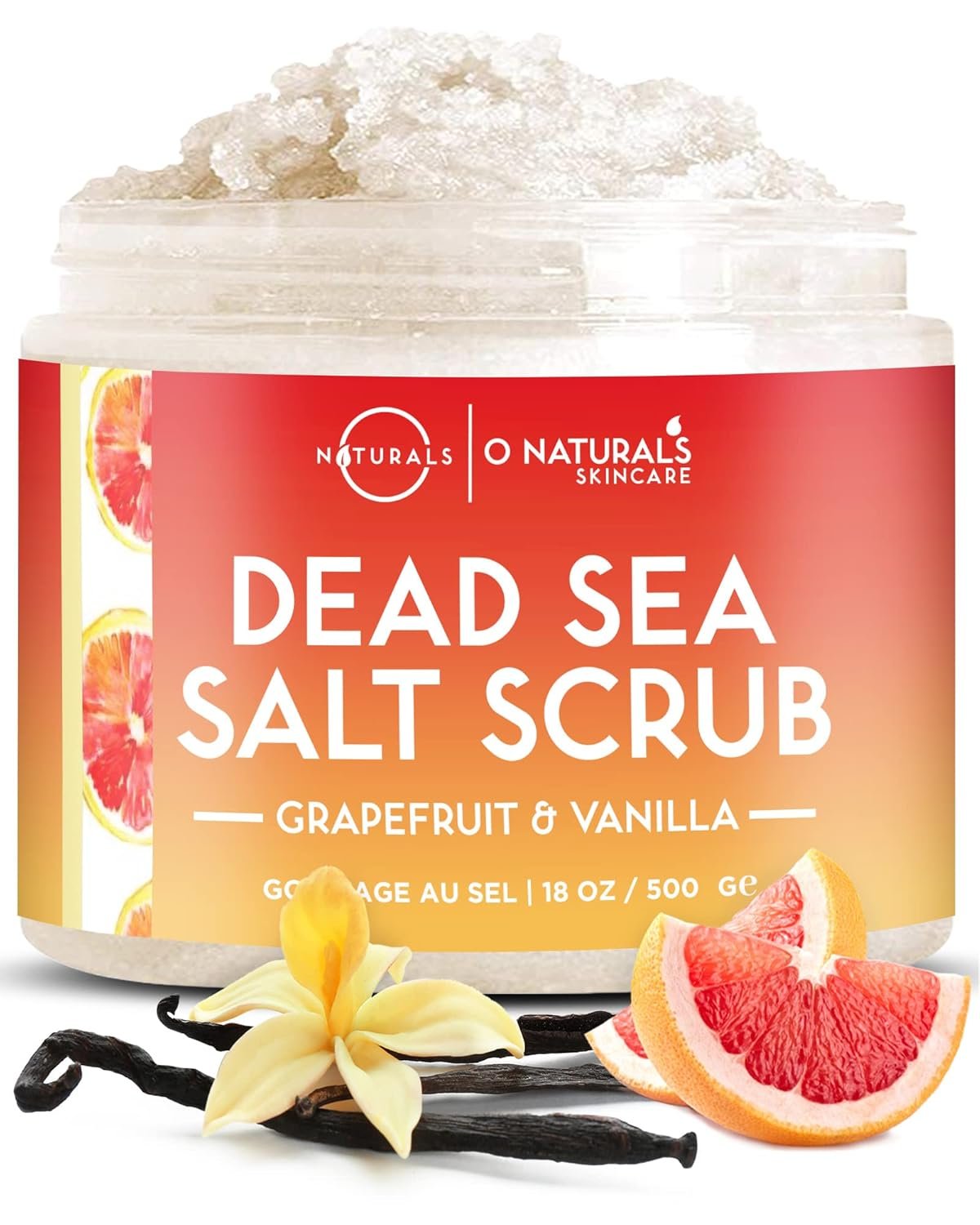 O Naturals Exfoliating Scrub, Natural Dead Sea Salt Deep-Cleansing Face & Body Scrubs. Anti-Cellulite Tones Helps Oily Skin, Acne, Ingrown Hairs & Dead Skin Remover – Grapefruit and Vanilla Oil 18oz