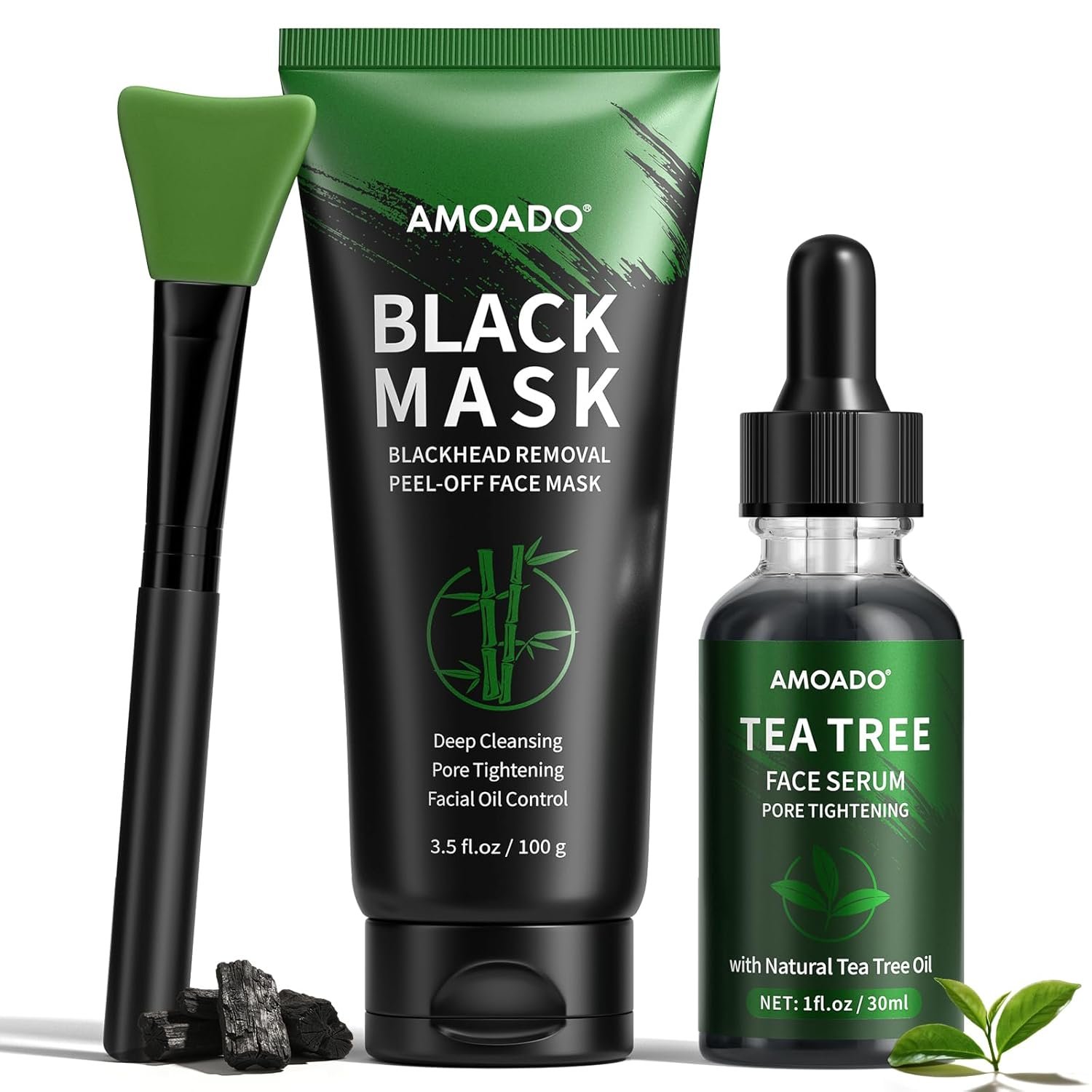 AMOADO Blackhead Remover Peel Off Face Mask, Black Mask & Tea Tree Oil Serum Duo Set, 2-in-1 Deep Cleansing and Pore Tightening, Charcoal Face Mask Peel Off Blackheads Removal (BLACK1)