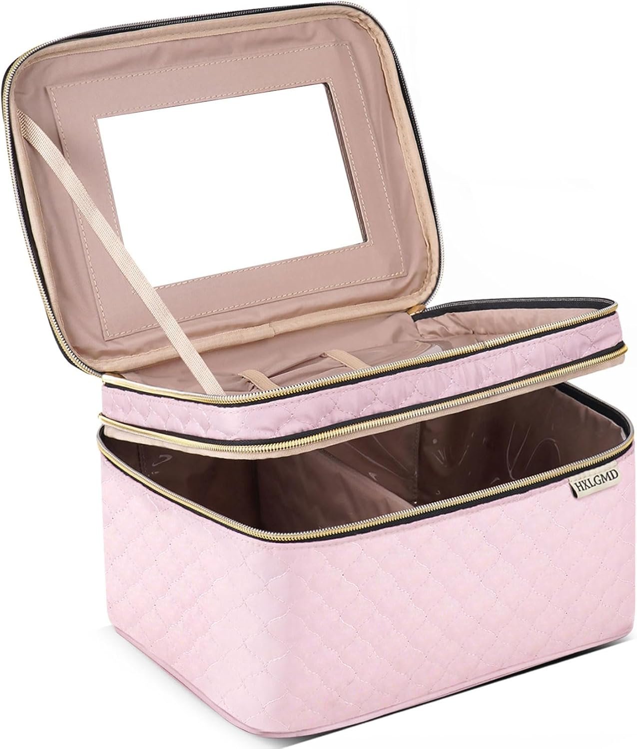 HXLGMD Large Makeup Bag with Mirror Double Layer Travel Make Up Organizer Case, Large Capacity Coemetic with Brush Slot Divider, Travel Toiletry Bag for Women (Pink)