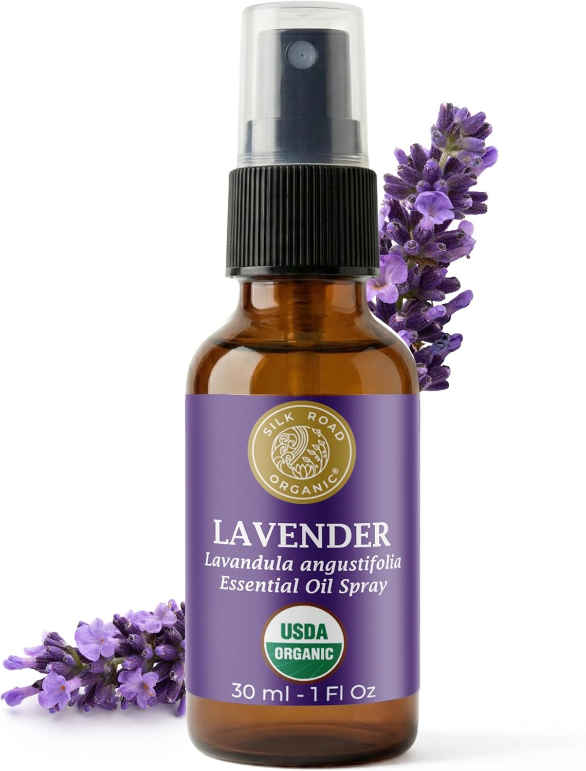 Silk Road Organic Lavender Essential Oil Spray, Lavandula Angustifolia, 100% Pure USDA Certified Aromatherapy for Calming, Relaxation & Skin – 1 oz Spray – Always Pure, Always Organic