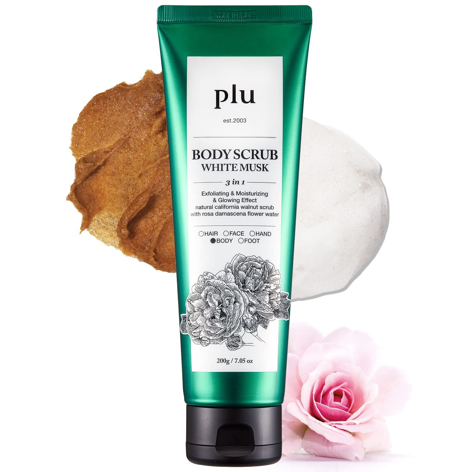 PLU Original Korean Walnut Body Scrub Polish – White Musk – Exfoliating & Hydrating Glow for Smooth, Radiant Skin Texture – Soft Musk Scent, 7.05 oz.