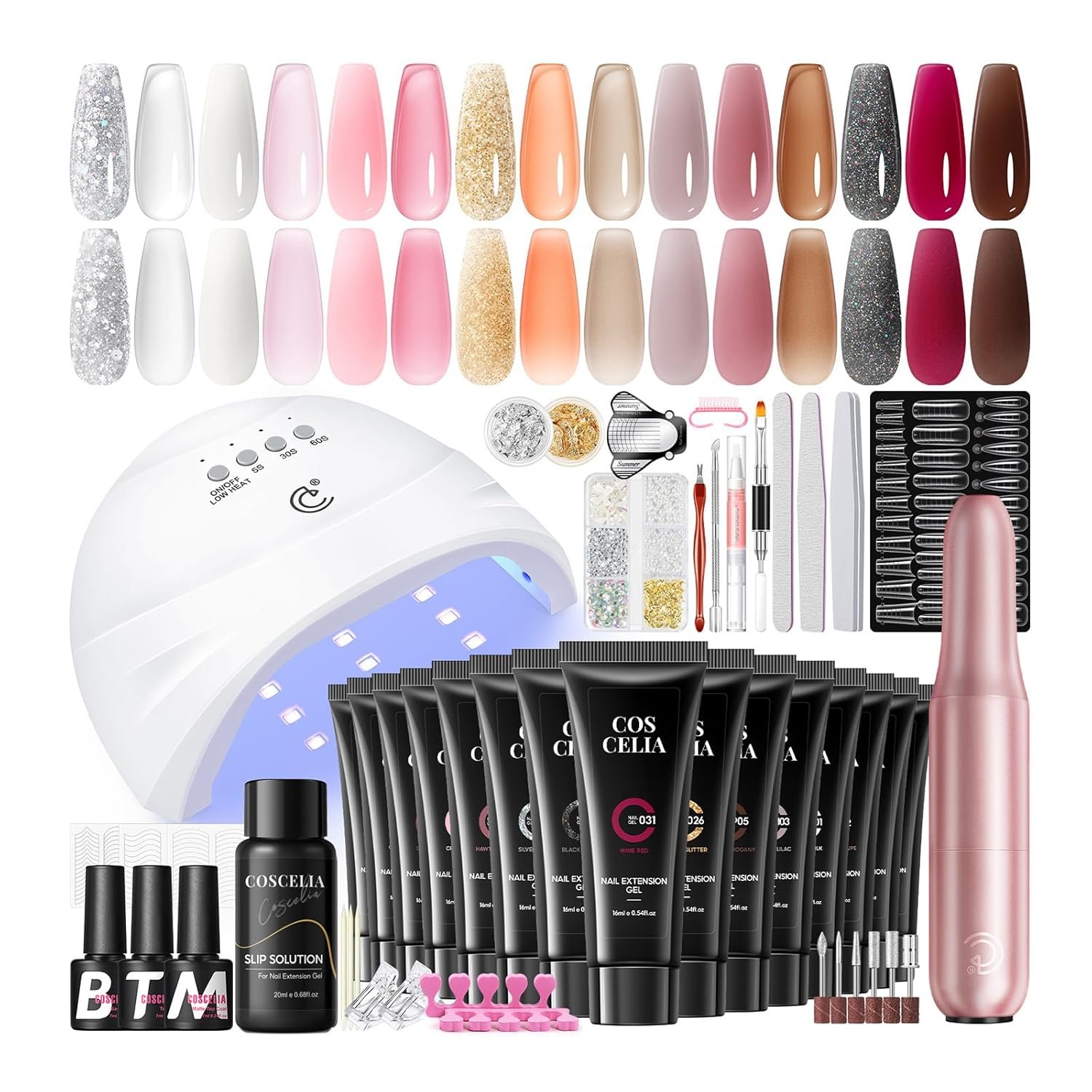 COSCELIA 50PC Poly Nail Gel Kit Starter Kit with Drill and Lamp 15 Colors 16ML Nail Extension Gel for Beginners All Season Nail Decorations Poly Extension Kit Gifts for Women