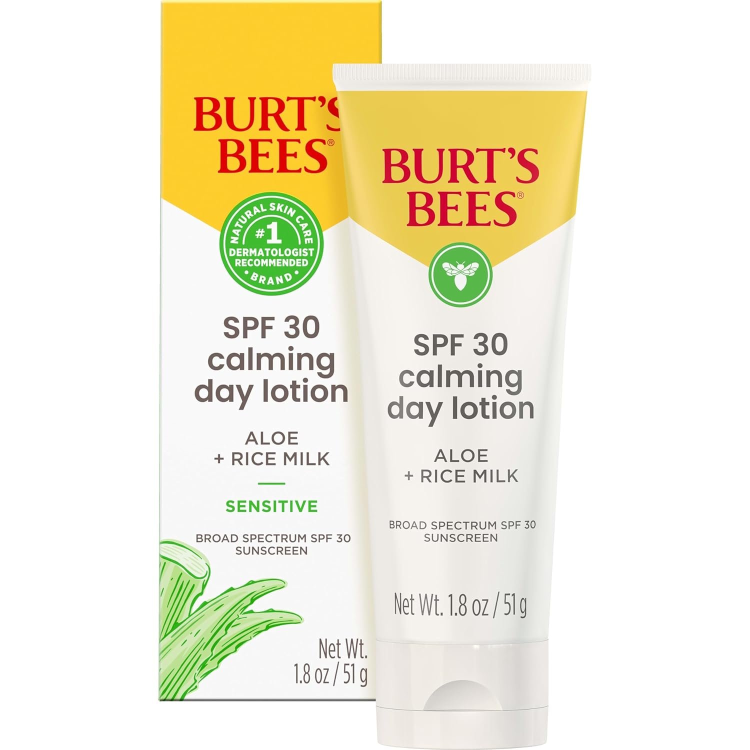 Burt’s Bees SPF 30 Calming Day Face Lotion With Aloe and Rice Milk for Sensitive Skin, Sunscreen Face Lotion Soothes Redness and Irritation, 99.4 Percent Natural Origin Skin Care, 1.8 oz. Tube
