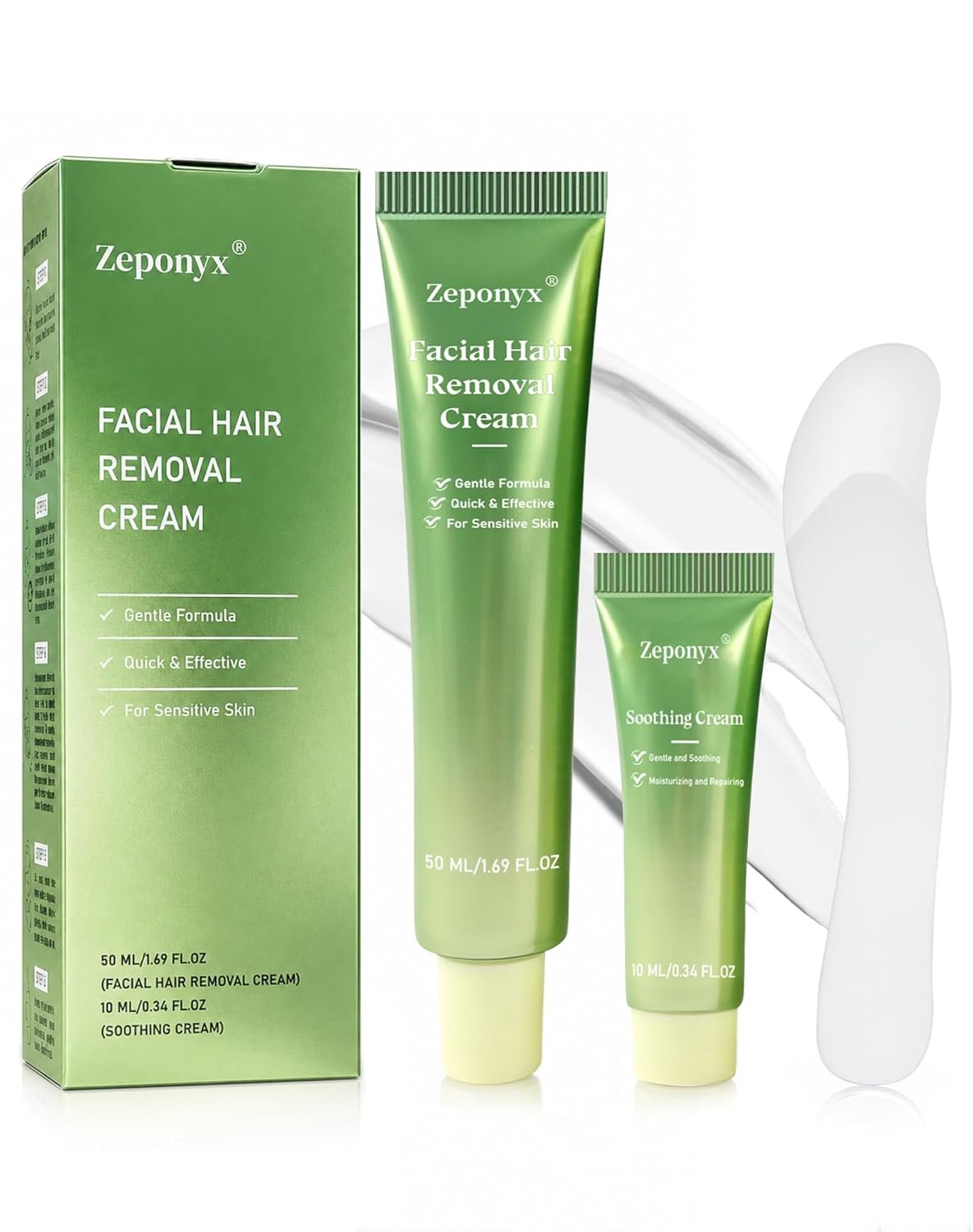 Facial Hair Removal for Women + Soothing Cream, 4-Minute Gentle Painless Hair Remover for Upper Lip, Chin & Sideburns Fast-Acting Depilatory for At-Home Use, 2.03 Fl Oz