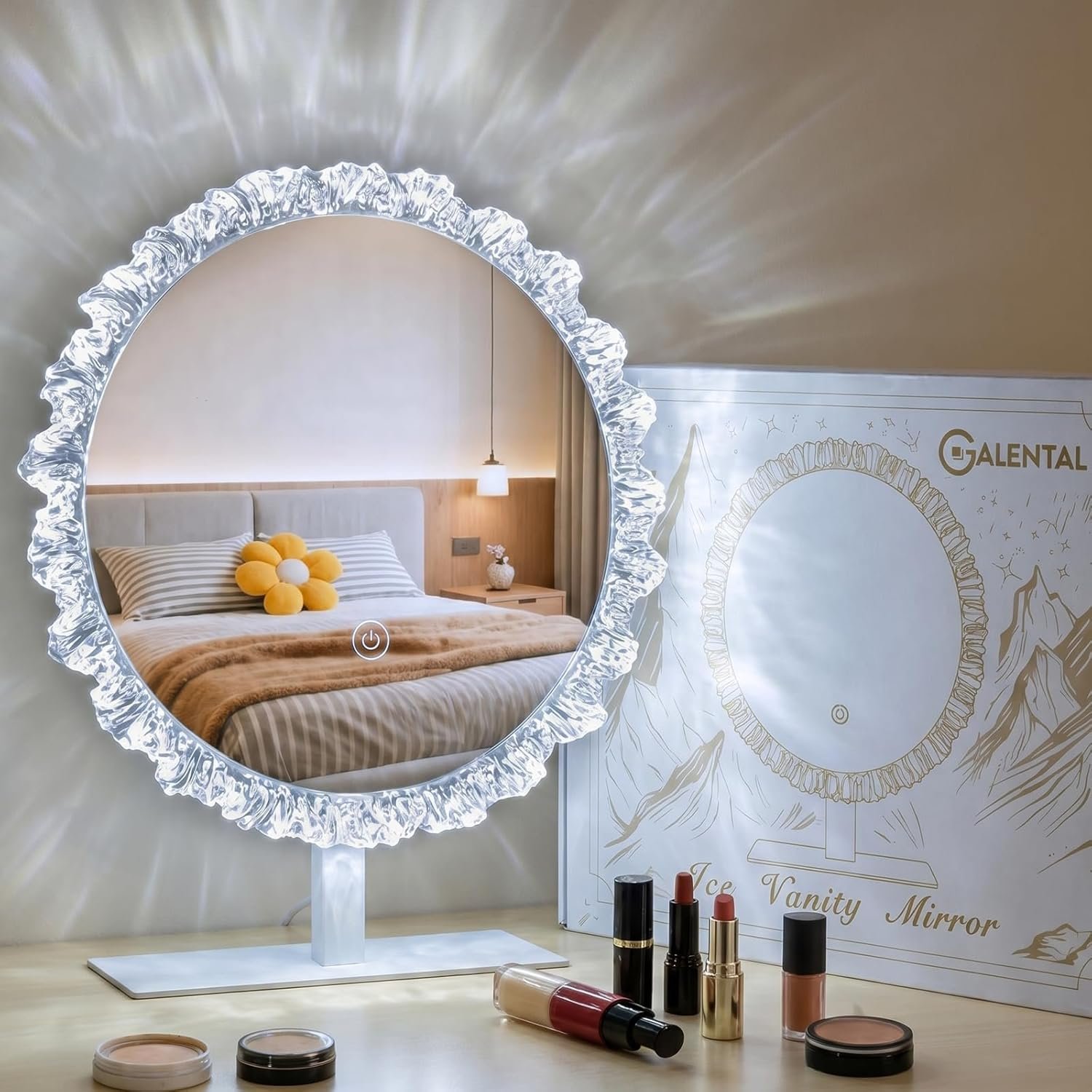 Crystal Round Vanity Mirror with Lights, 16 Inch Dimmable LED Makeup Mirror for Women, 3 Color Temperatures, Touch Switch, Silver Frame, Ideal for Girlfriend & Makeup Lovers
