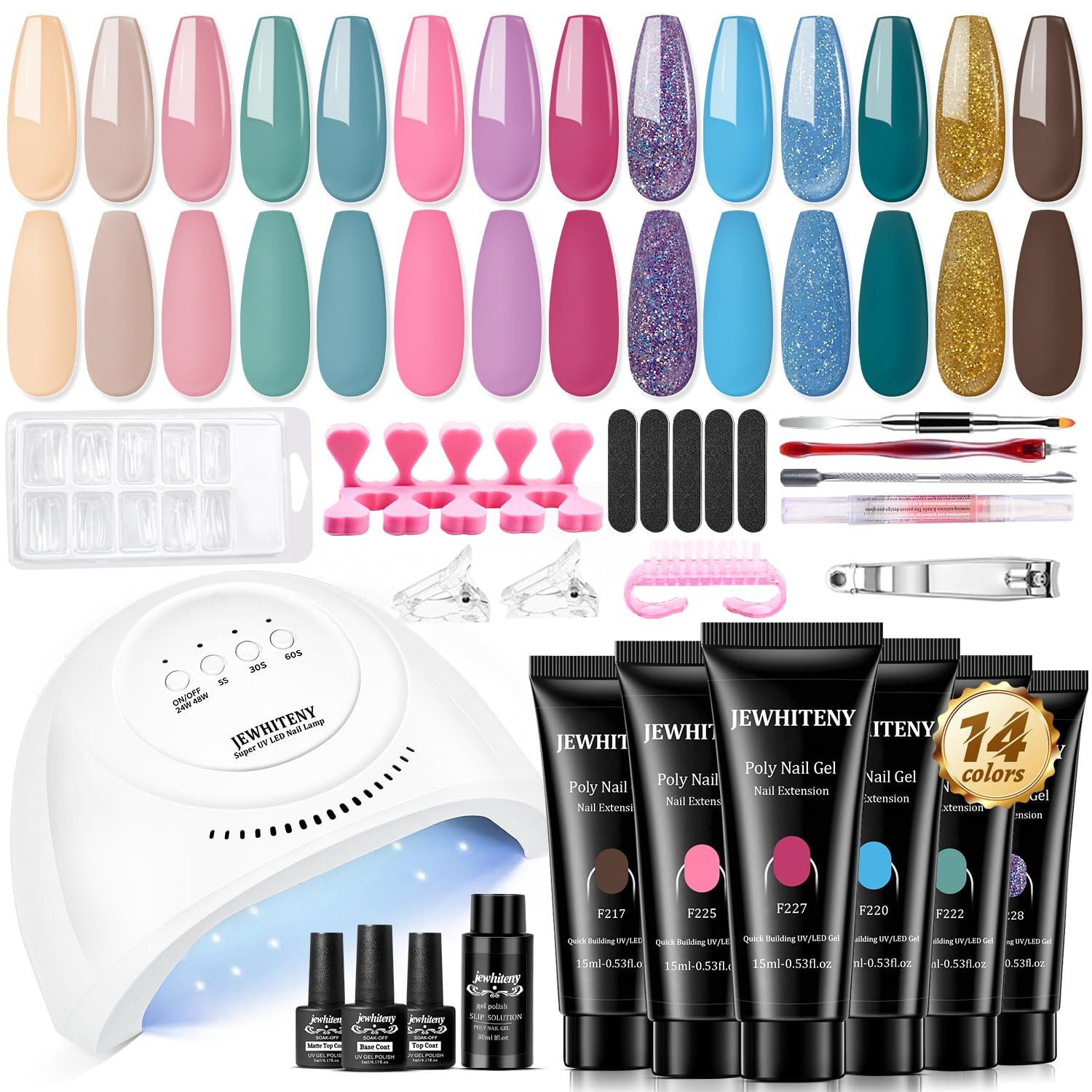 JEWHITENY Poly Gel Nail Kit 14 Colors – Yellow Nude Pink Blue Purple Glitter Tones Starter Kit with UV Lamp Base & Top Coat All-in-One Gift for Women Need U V Light Curing