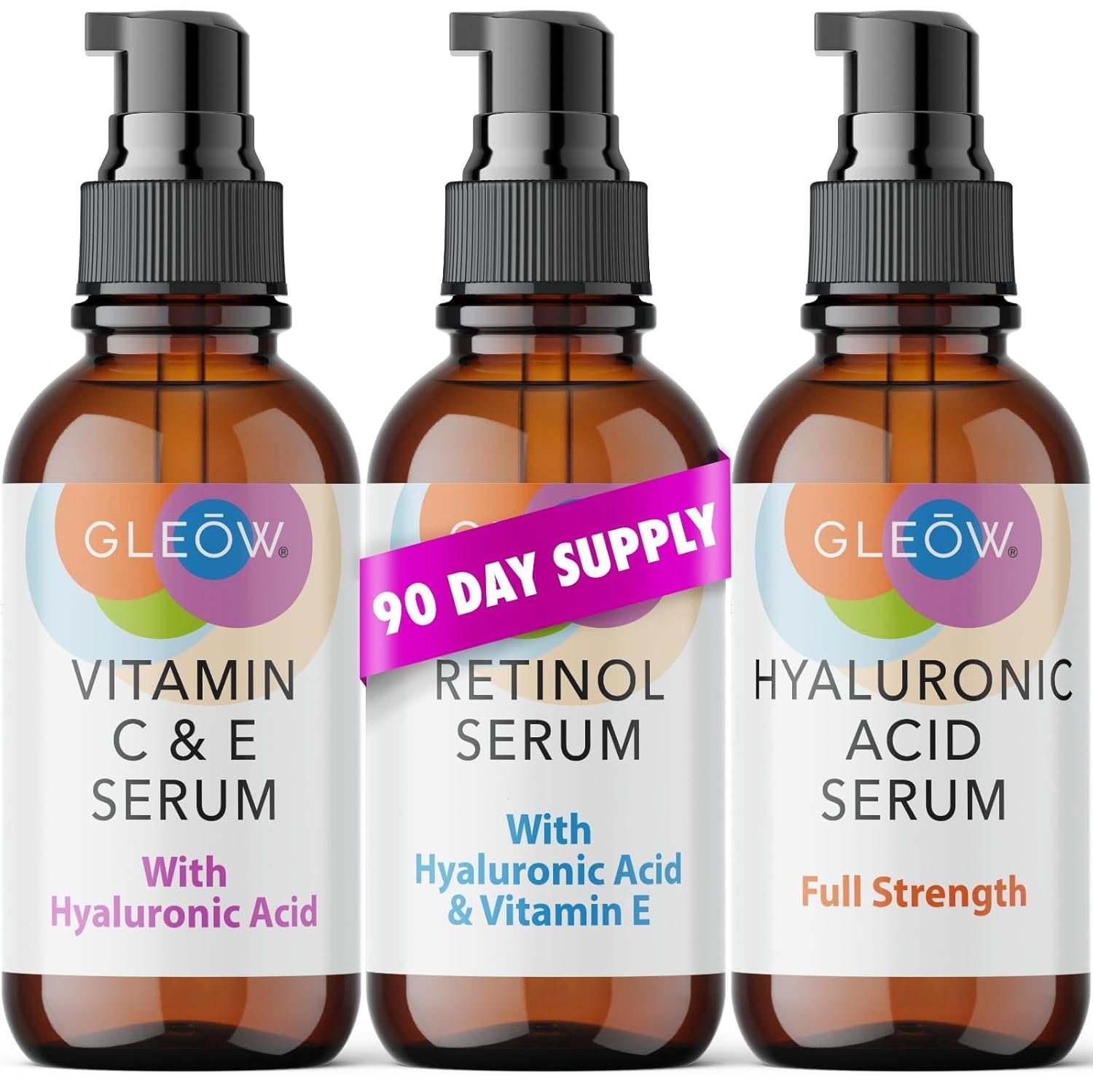 GLEOW Retinol Serum for Face, Vitamin C with Hyaluronic Acid Face Serum for Women and Men, Glow Total Package Skin Care Set, Targets Appearance of Uneven Skin Tone and Dryness 3×2 oz