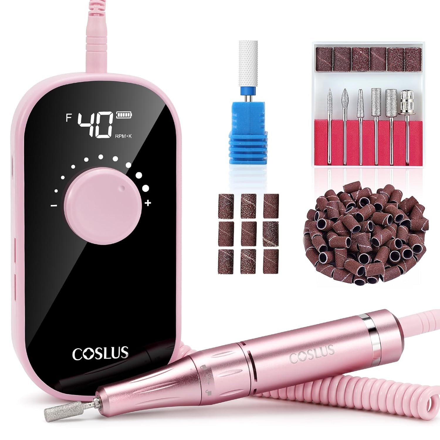 COSLUS Professional Rechargeable Electric Nail Drill 40000 RPM, Portable Nail File with Storage Stand for Acrylic Gel Polishing Removing – Easy to Use for Women, Manicure at Home DIY or Salon, Pink