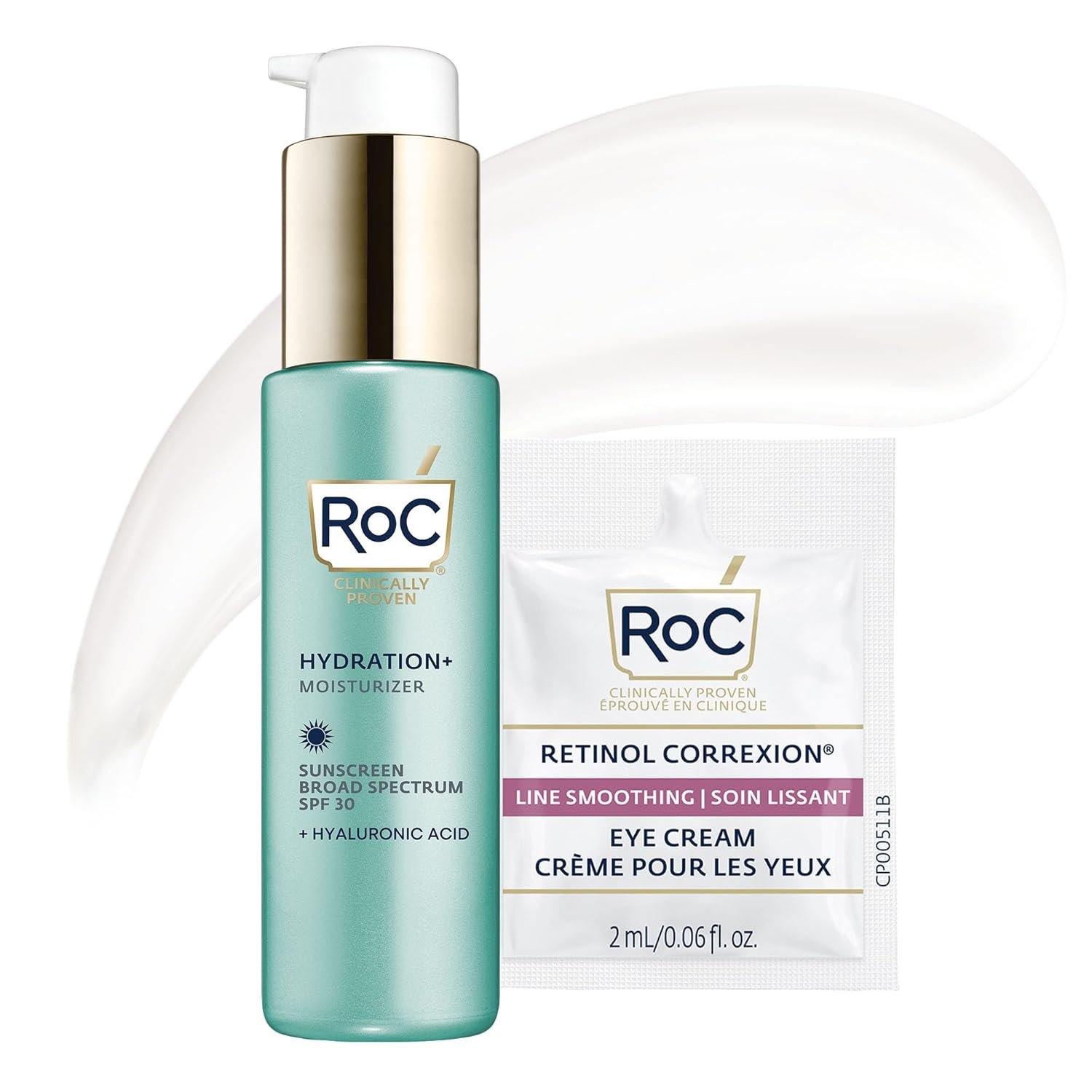 RoC Multi Correxion 1.5% Pure Hyaluronic Acid Anti Aging Daily Face Moisturizer with Sunscreen, SPF 30 Broad Spectrum Moisturizer + Retinol Eye Cream Packette