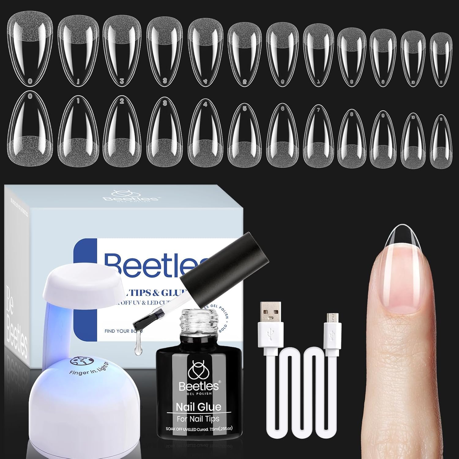 Beetles Gel Nail Kit Etch-X, Almond Short, 504pcs 12 Sizes Nail tips, with 9 in 1 Nail Glue Mini LED Light, Acrylic Half Matte Tips Press On Nail, Extension DIY Set at Home, Gift for Women & Girls