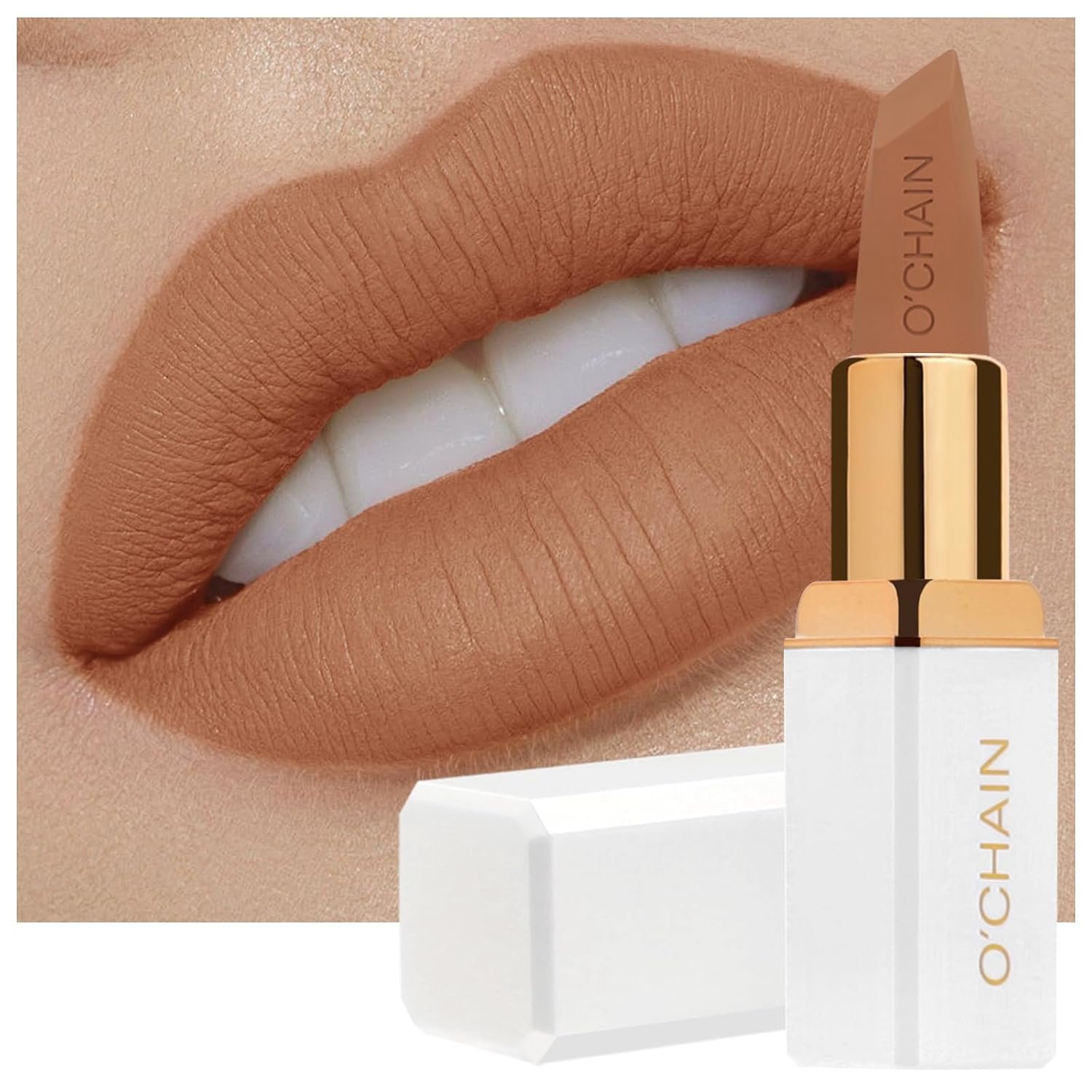 O’CHAIN Nude Matte Lipstick, Long Lasting Full Coverage Non-Transfer Lipstick for Women Infused with Jojoba Oil and Vitamin E, Cruelty-Free & Vegan(01 BOARDWALK) 0.12 Oz