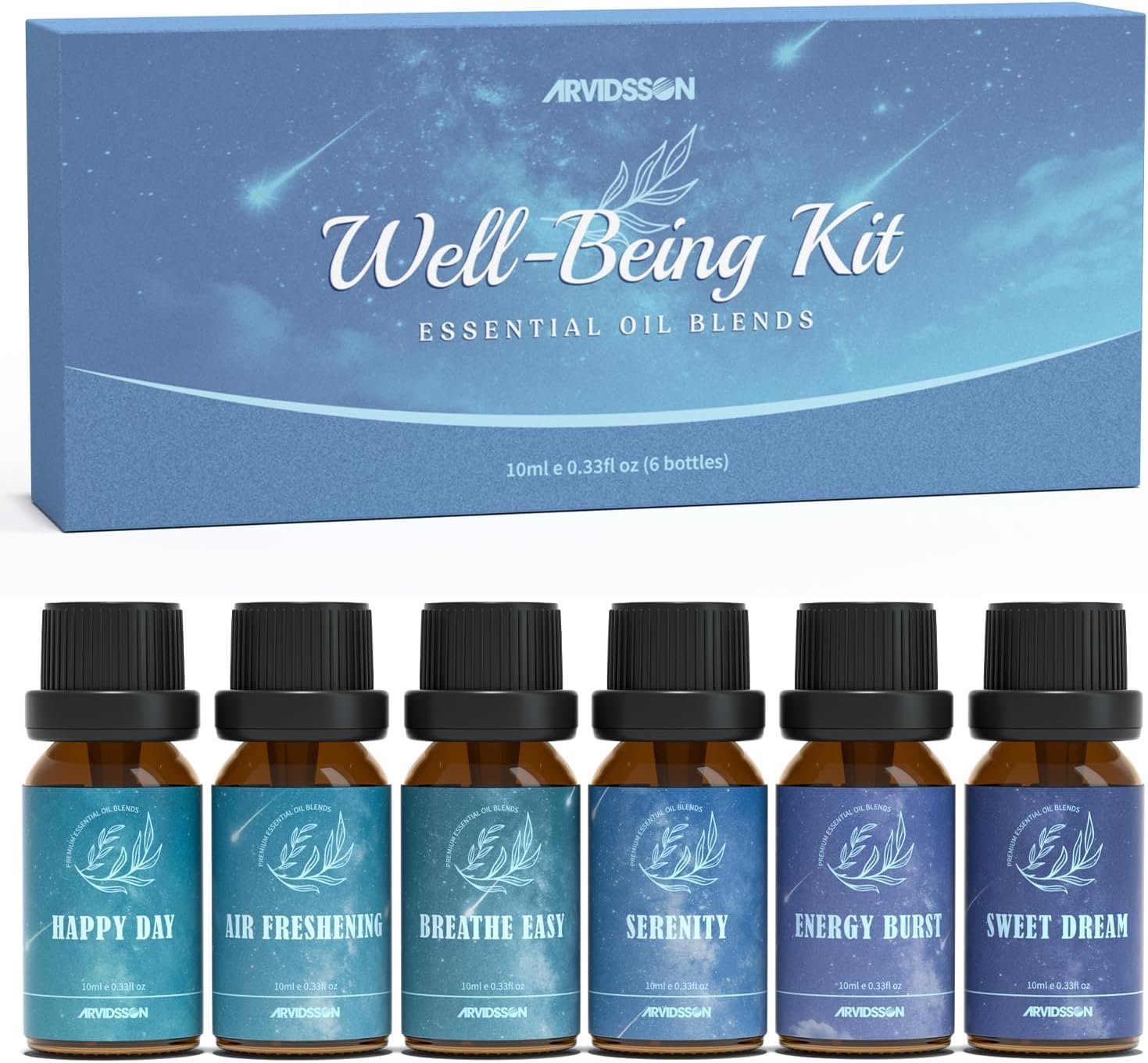 ARVIDSSON Essential Oil Blends Set, Well-Being Blend Gift Set – Sweet Dreams, Happy, Serenity, Breathe, Energy, Air Freshening, Natural Essential Oils for Diffusers, Candle Making