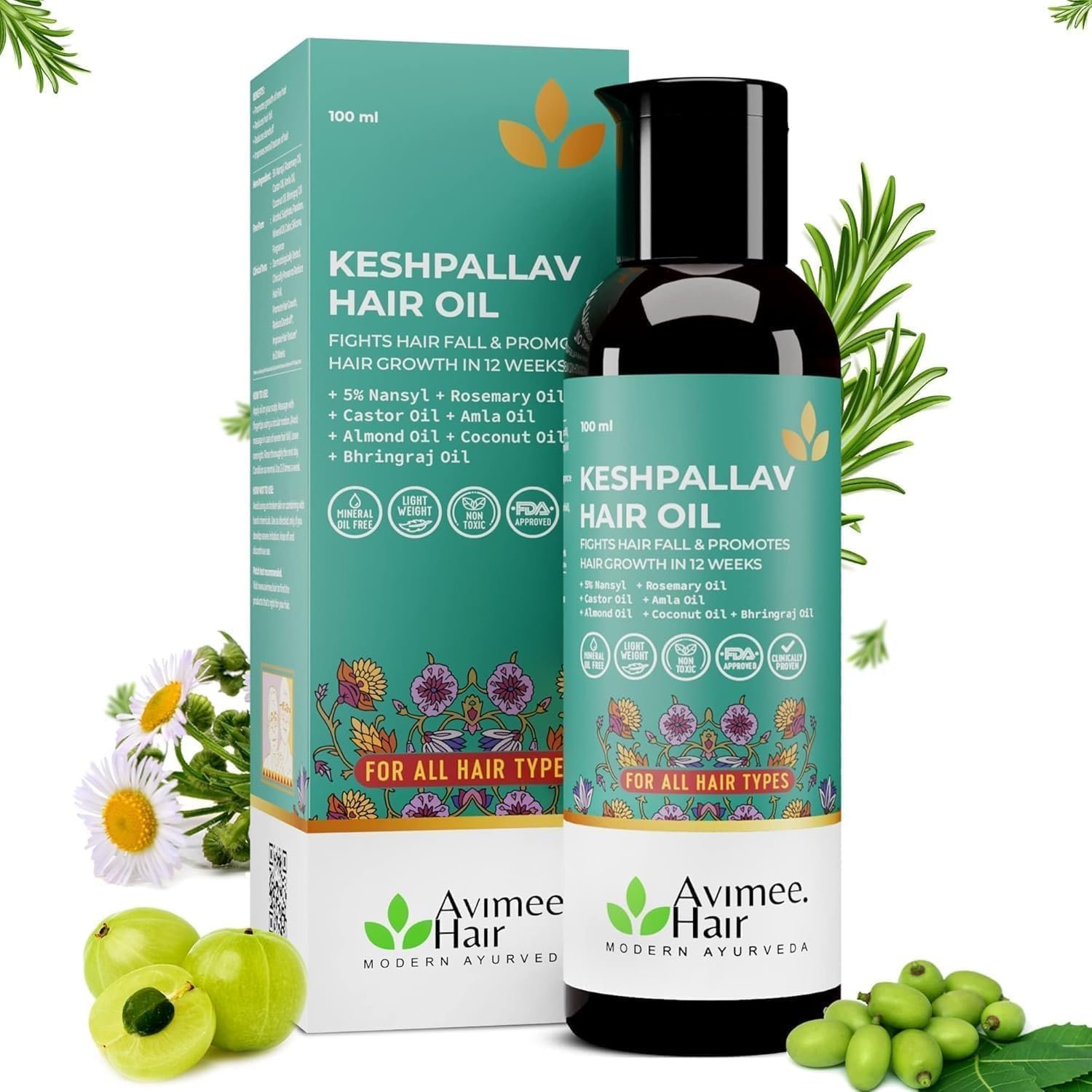 AVIMEE HERBAL Keshpallav Hair Oil For Men & Women | Promotes Hair Growth & Reduces Hair Fall | With Rosemary, Castor, Amla, Coconut and Bhringraj Oil | Mineral Oil Free | 100 ml