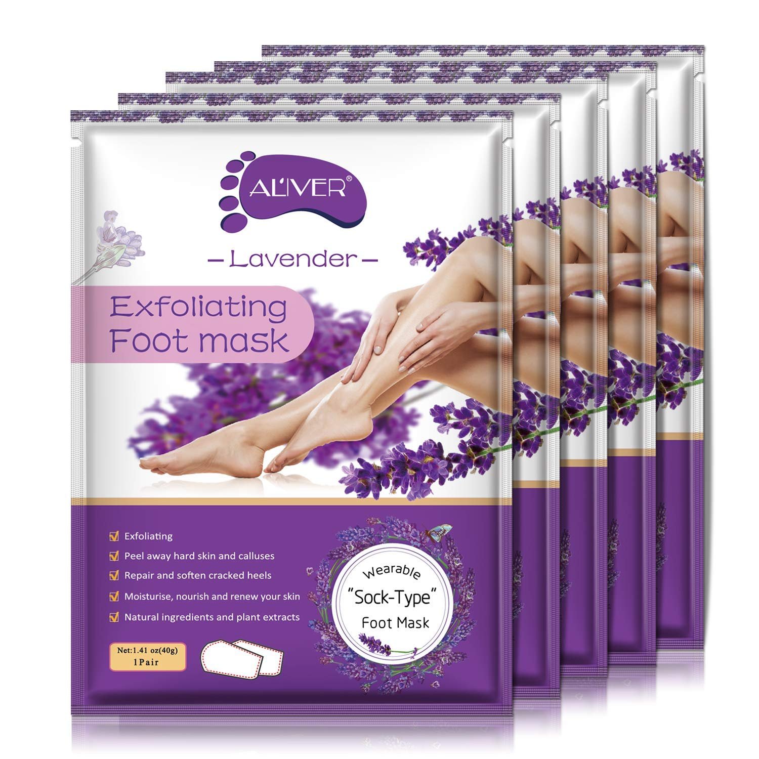 ALIVER Foot Peeling Mask – 5 Pack, Exfoliating Mask Make Feet Baby Soft, Foot Mask for Dry Cracked Skin, Peeling Away Dead Skin, Calluses – Lavender