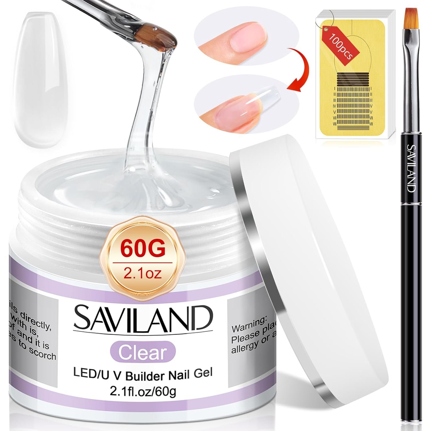 SAVILAND Builder Nail Gel Kit – 60g Clear Nail Extension Gel Set Nail Strengthen Nail Art Manicure Set with 100PCS Nail Forms and Acrylic Nail Brush for Beginners