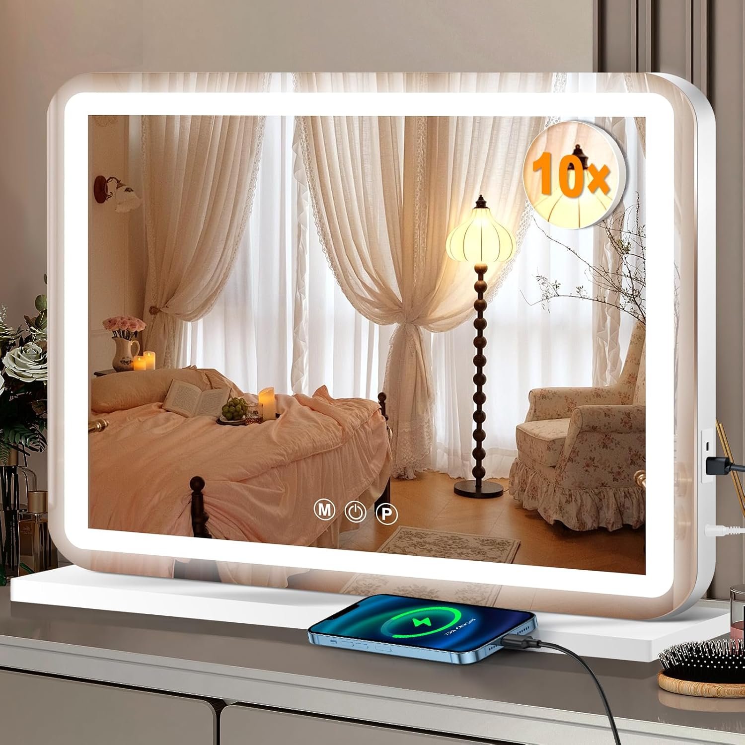Ratsamee 23″ x 18″ Vanity Mirror with Lights, Led Lighted Makeup Mirror with 3 Color Dimmable Lights, Touch Control, USB Charging Port, Gifts for Women Wife Teengirls