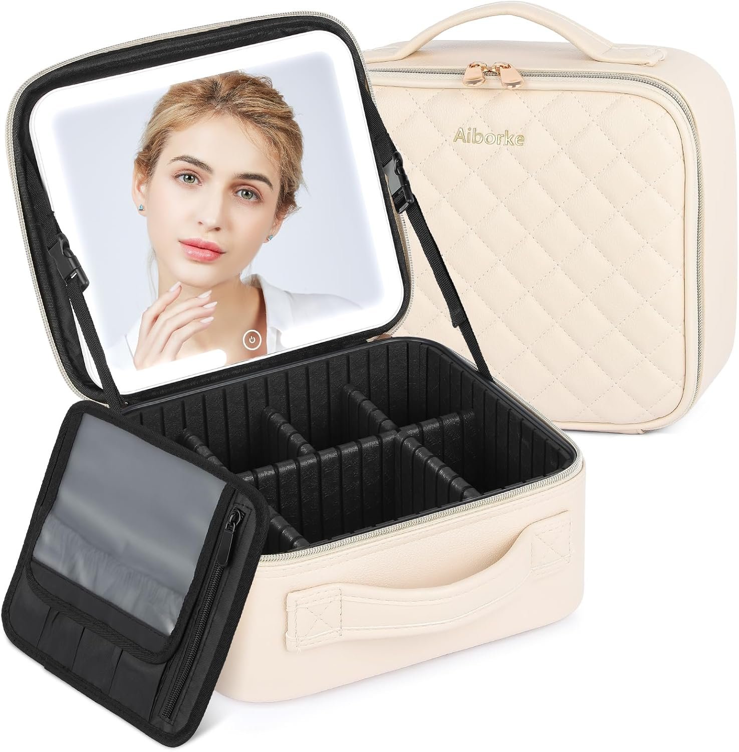 Travel Makeup Bag with Led Mirror Make up Case with Lighted Mirror Cosmetic Organizer bag with Adjustable Dividers and 5X Magnifying Mirror Makeup Box Vanity Case for Women