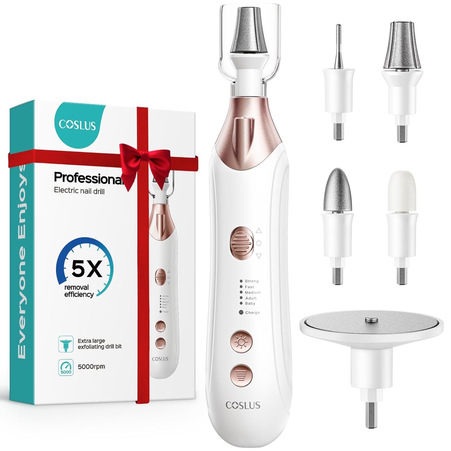 COSLUS C43 Professional Manicure Pedicure Kit, 5-in-1 Electric Nail File for Toenail Hand Feet – Upgrade Wider Grinder for Thick Nails Care, Cordless, 5 Speed, for Men Women Seniors Home Salon, White