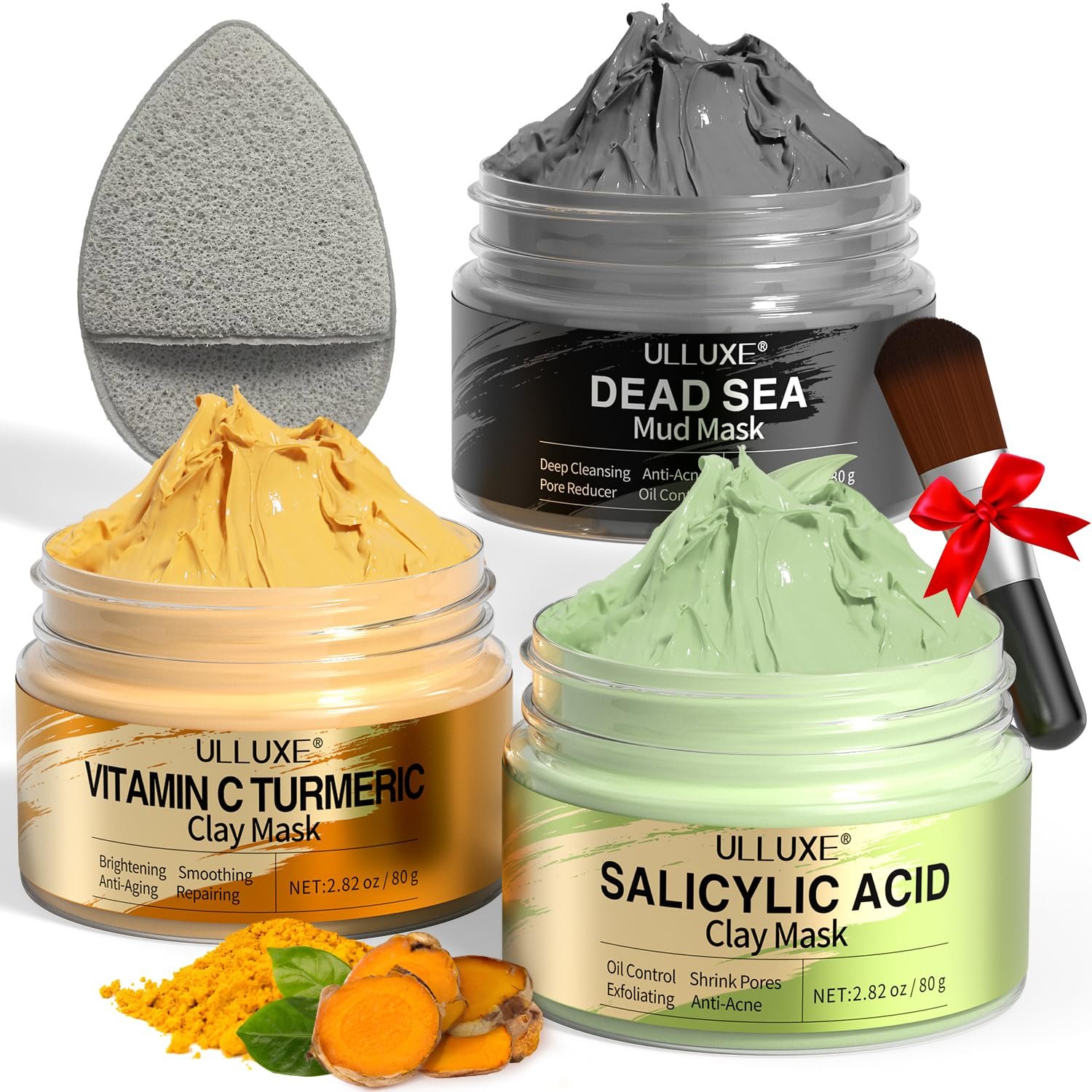 Facial Clay Mask Set – Vitamin C Turmeric Face Mask, Dead Sea Mud & Salicylic Acid (BHA) Mask for Pore Cleansing, Brightening, Blackheads & Dark Spots, Face Masks Skincare Gift for Women, 2.82 oz each