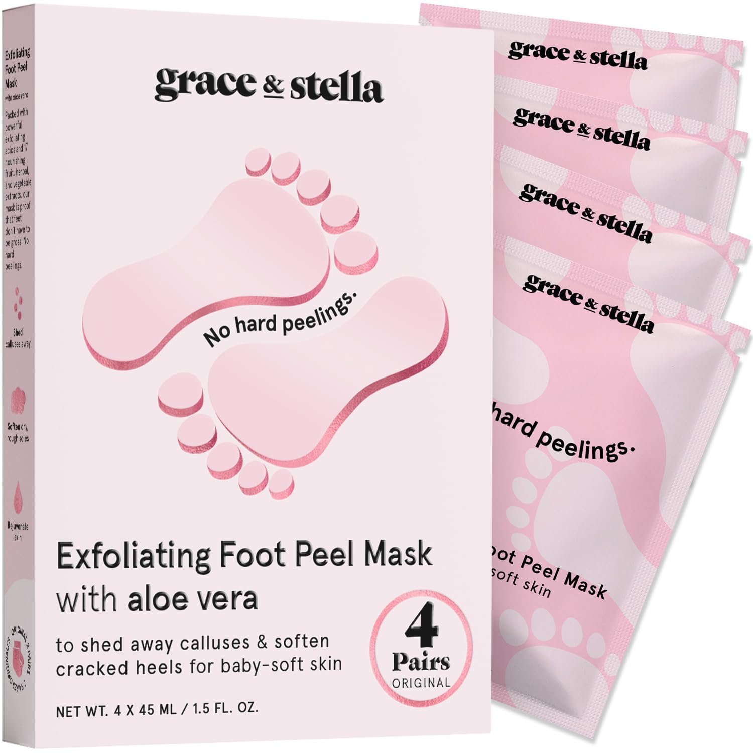 grace & stella Award-Winning Foot Peel Mask – Foot Peeling Mask with Aloe Vera – Moisturizing Foot Mask for Dry Cracked Feet – Foot Exfoliator for Baby Soft Feet (4 Pairs, Unscented)