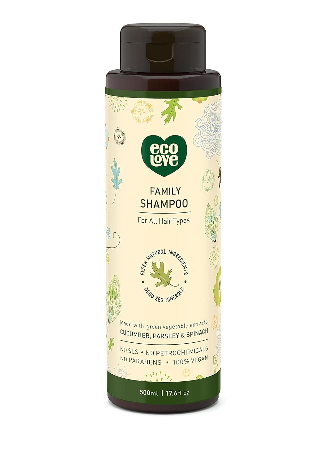ecoLove – Natural Shampoo for All Hair Types,Sodium lauryl sulfate Free, Vegan & Cruelty Free Shampoo, Organic Cucumber Extract, No SLS or Parabens, 17.6 oz