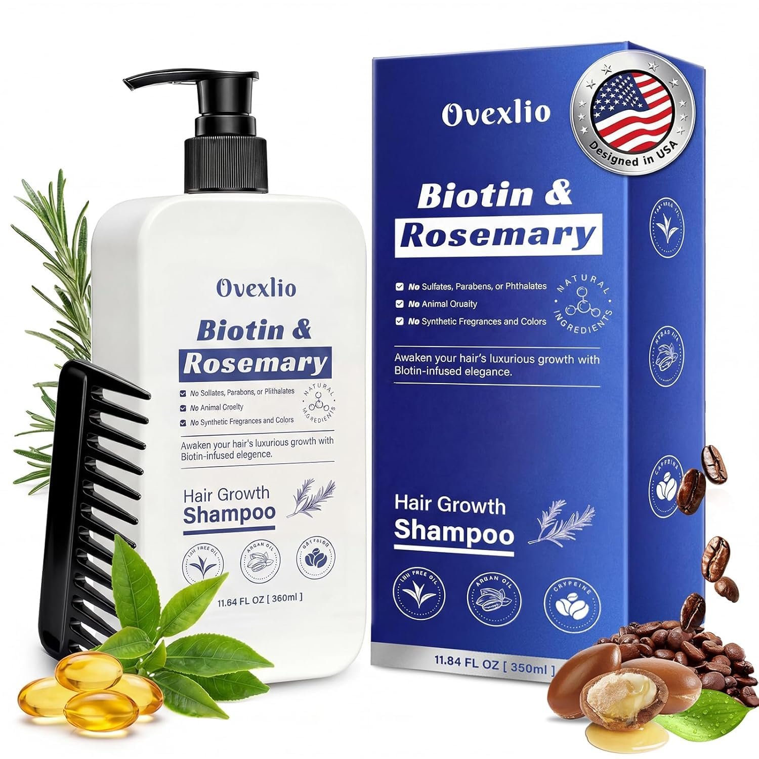 Hair Growth Shampoo with Biotin & Rosemary for Thinning Hair for Women, Anti Hair Loss Shampoo, Natural Thickening Formula, Sulfate Free with Comb, 11.84 fl oz